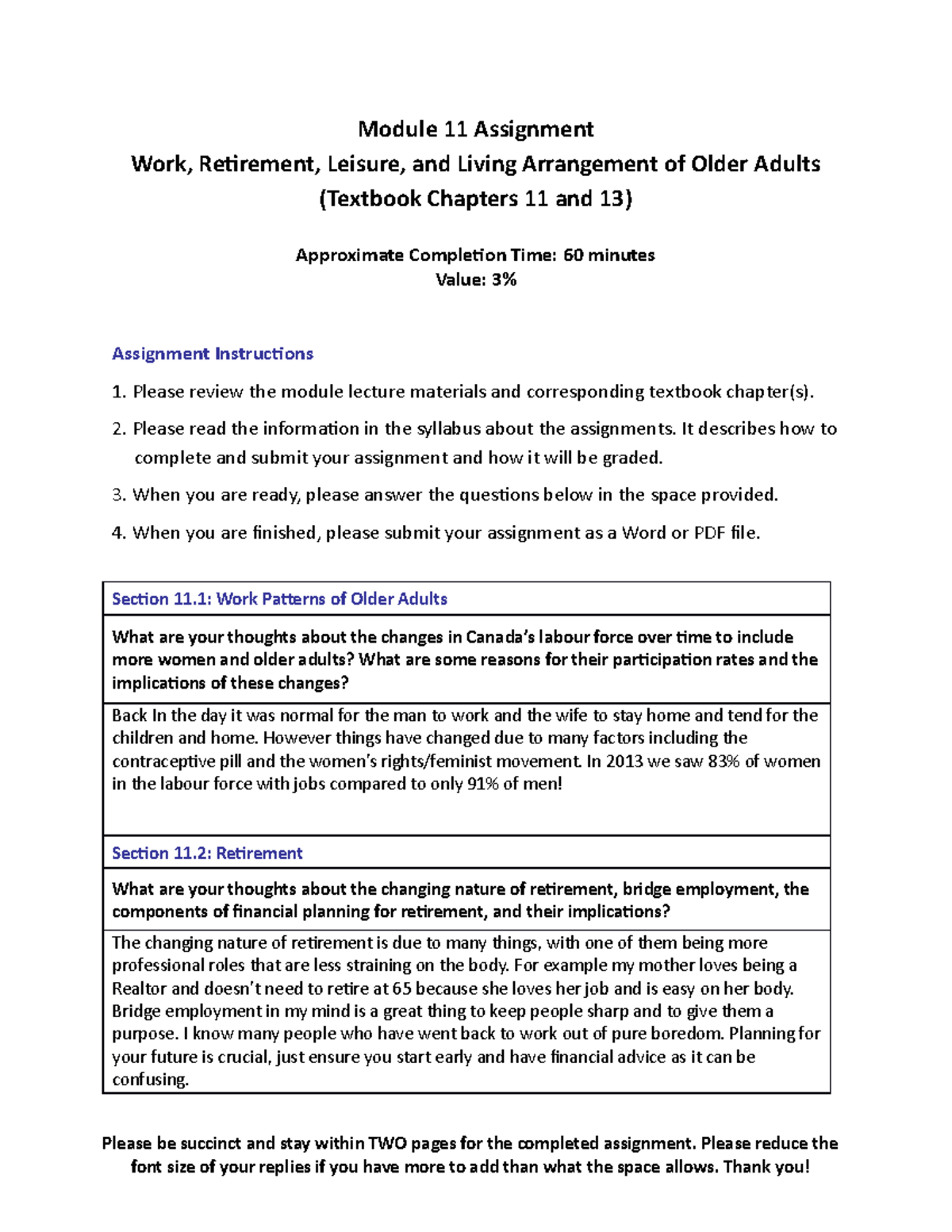 Module 11 Assignment - Module 11 Assignment Work, Retirement, Leisure ...