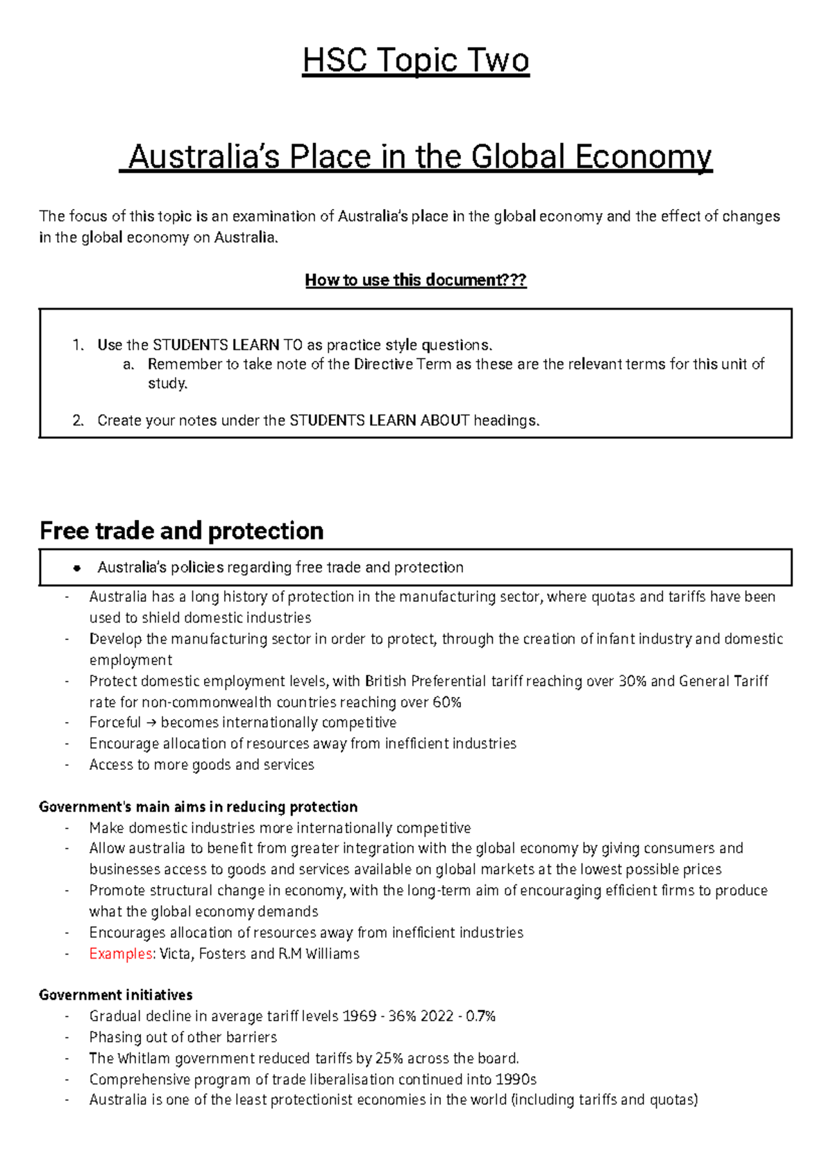 Topic 2 Notes - HSC Topic Two Australia’s Place in the Global Economy ...