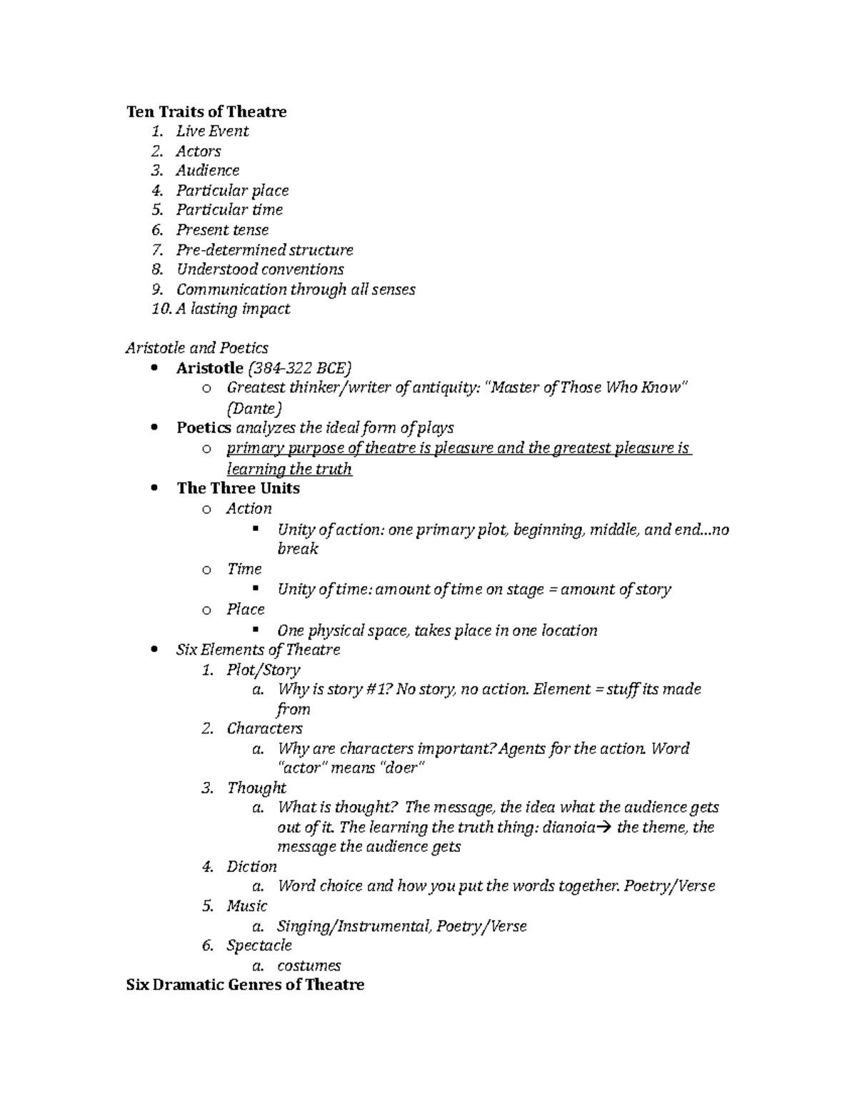 THEA104 - Notes - Ten Traits of Theatre 1. Live Event 2. Actors 3 ...