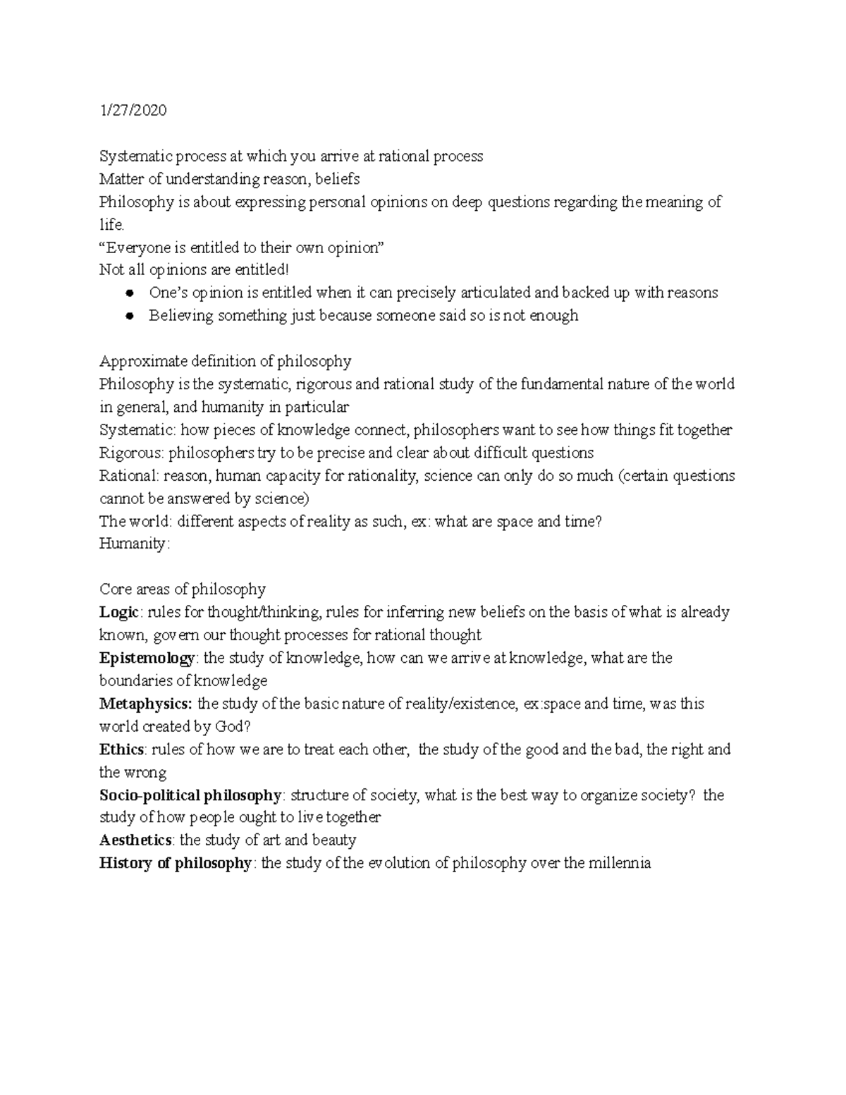Intro to Philosophy - week 1 lecture notes with Prof Jankowiack - 1/27 ...
