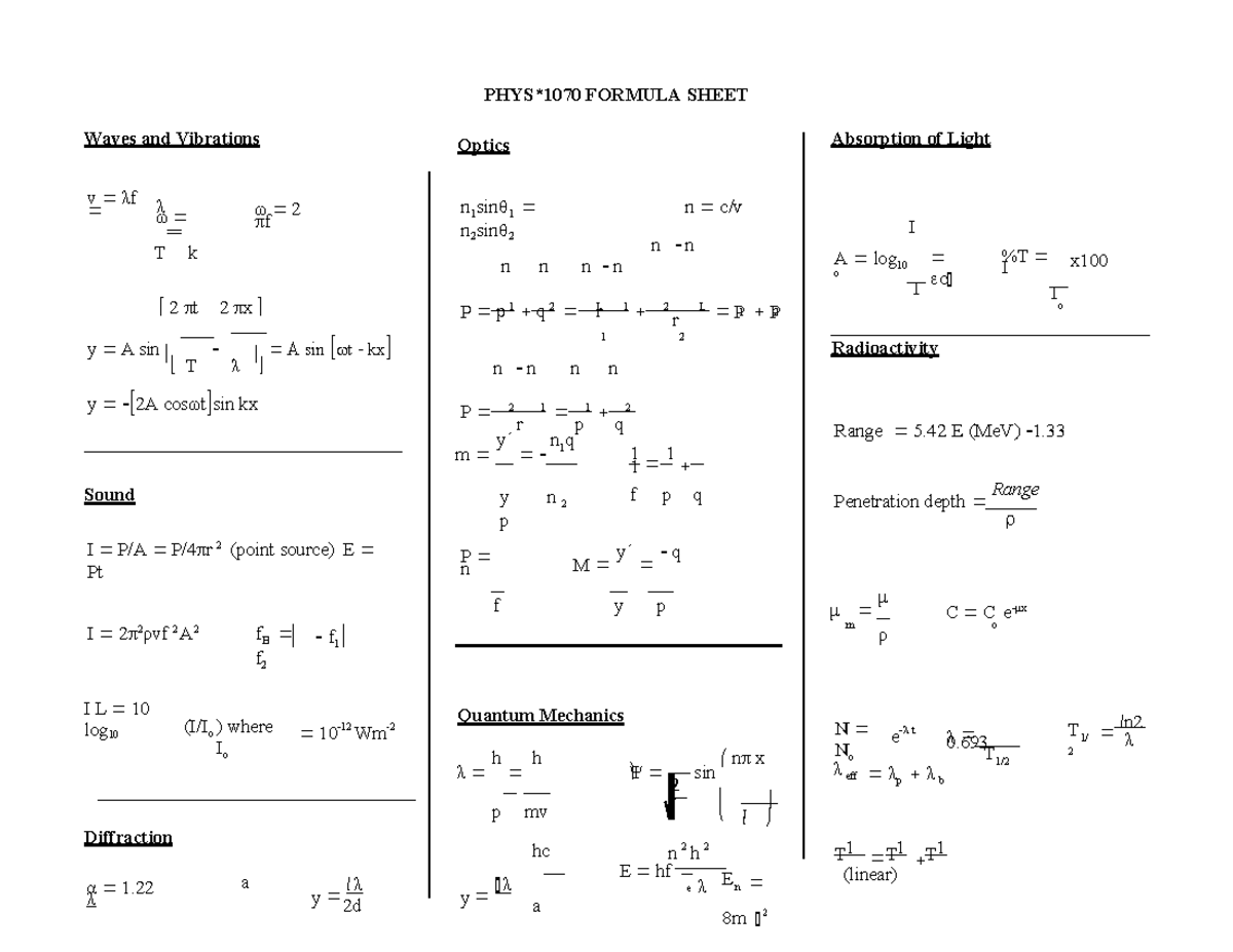 F'14 1070Formula Sheet - 2 𝐀 PHYS*1070 FORMULA SHEET Waves and ...