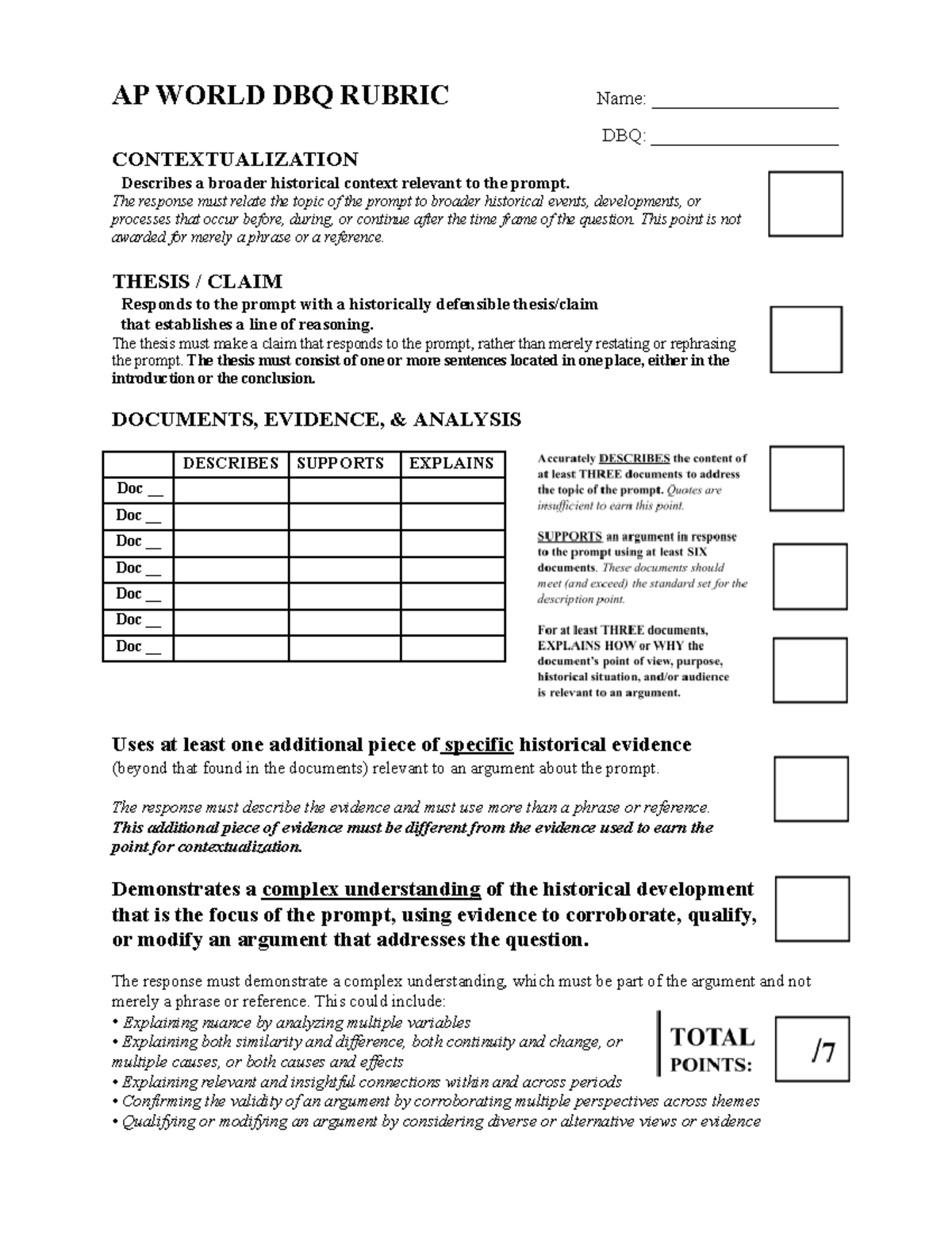 DBQ Rubric AP WORLD DBQ RUBRIC Name ____________________ DBQ