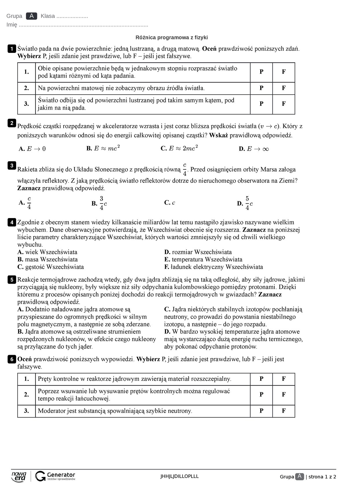 Różnica Programowa Z Fizyki Test - JHHJLJDILLOPLLL Grupa A | Strona 1 Z ...