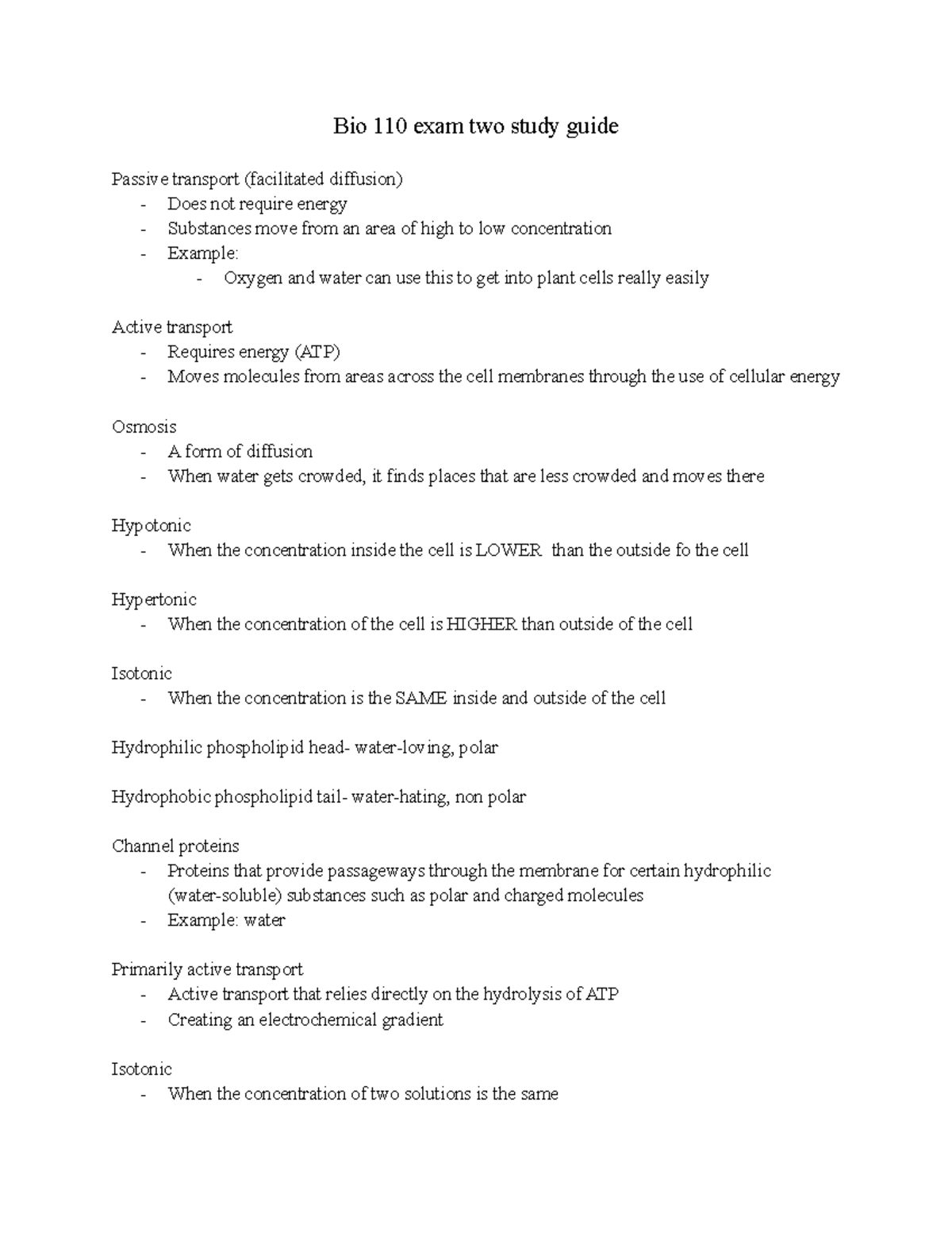 Bio 110 exam two study guide - Bio 110 exam two study guide Passive ...