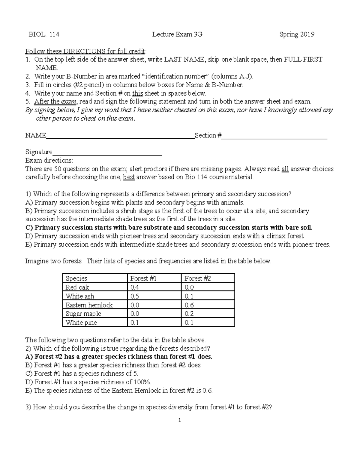 Copy of Exam 3Gkey - exam 3 - BIOL. 114 Lecture Exam 3G Spring 2019 ...