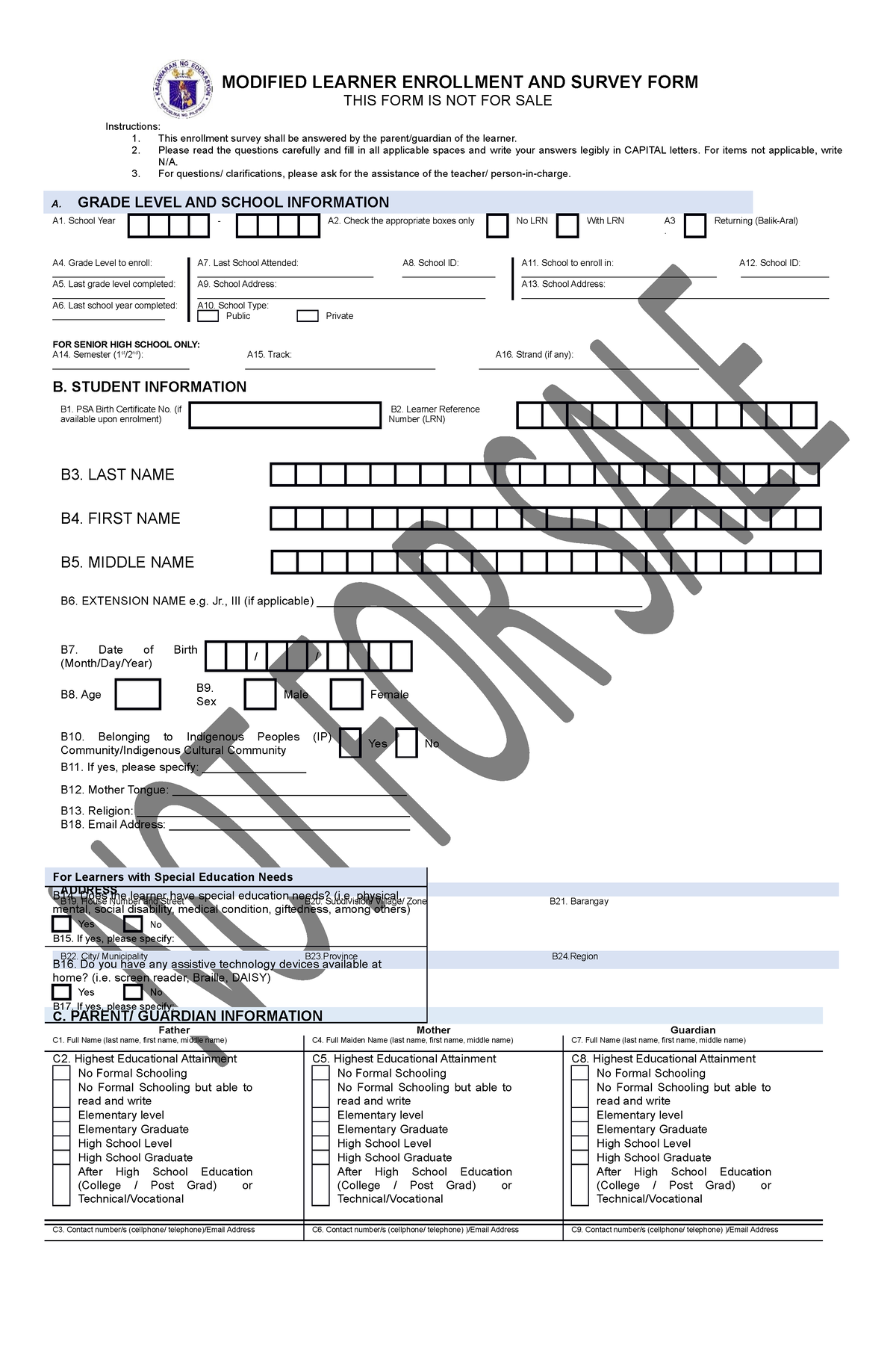Annex B Modified Learner Enrollment And Survey Form English Modified Learner Enrollment And 6209