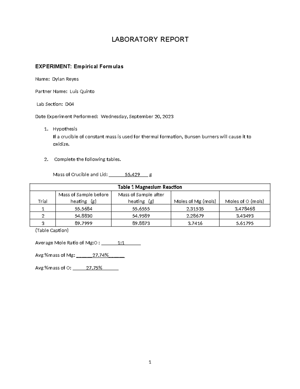 Exp 7 Empirical Formula Calculations - LABORATORY REPORT EXPERIMENT ...