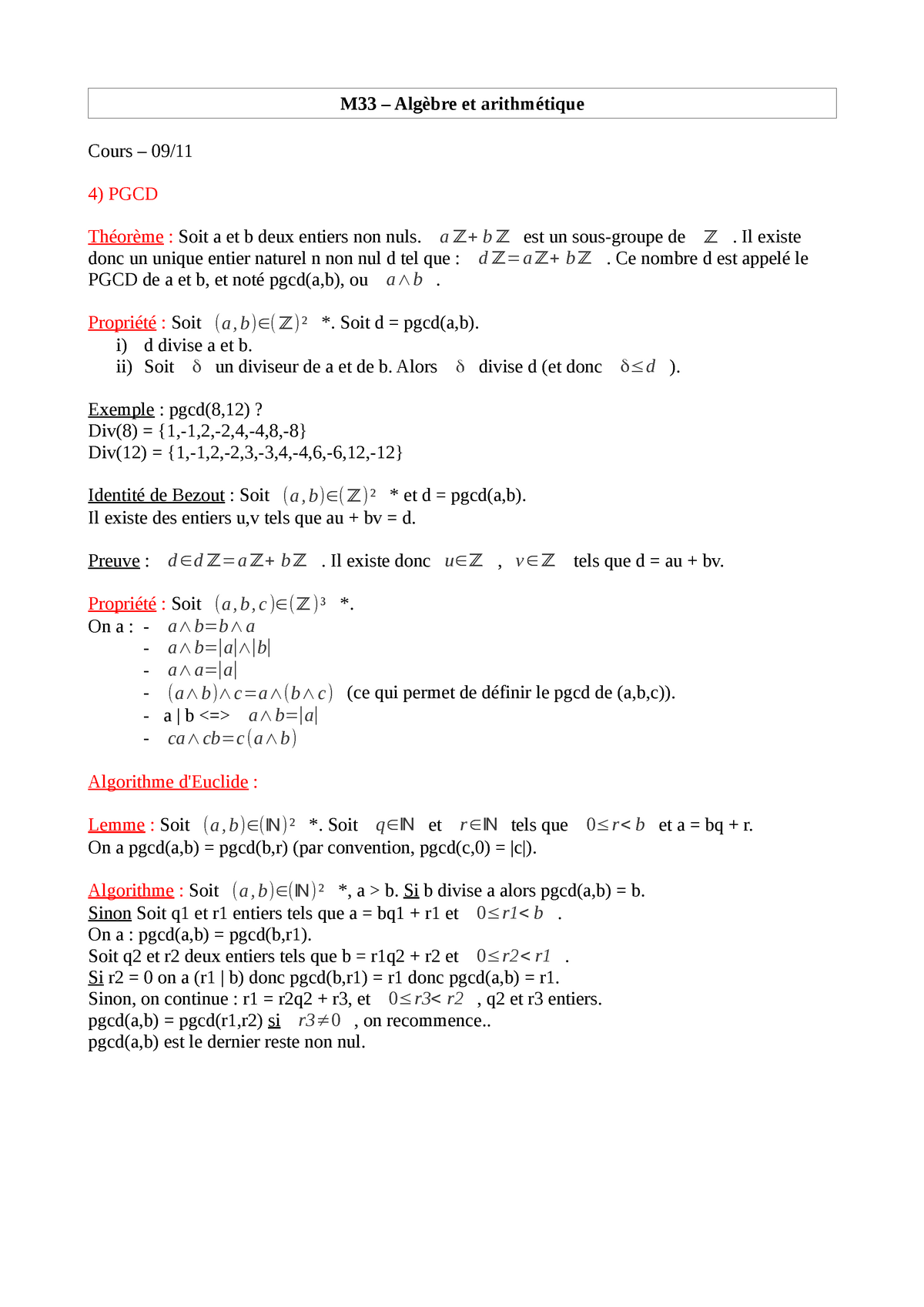 M33 Cours 09 11 - M33 – Algèbre Et Arithmétique Cours – 09/ PGCD ...