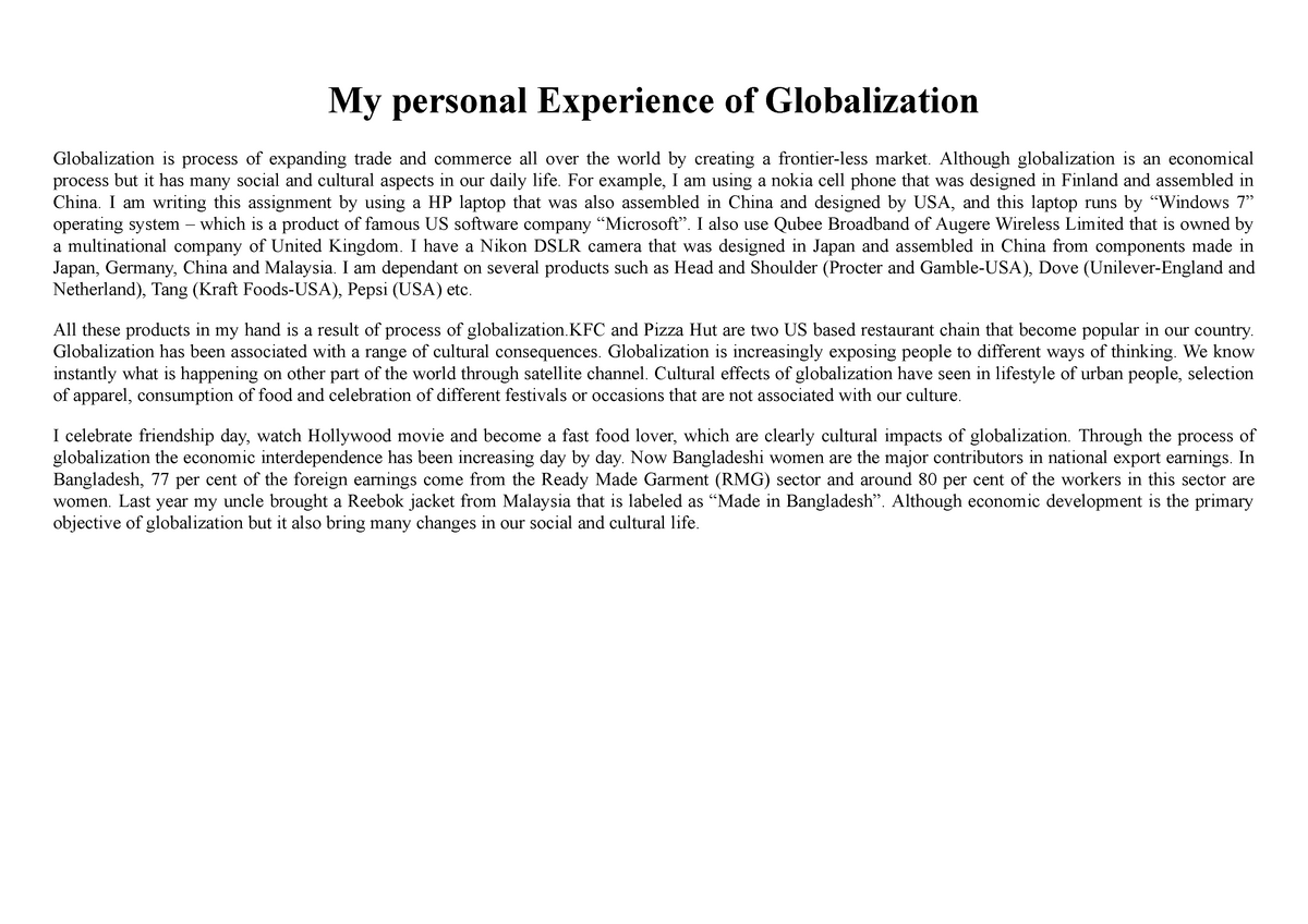 personal experience of globalization essay