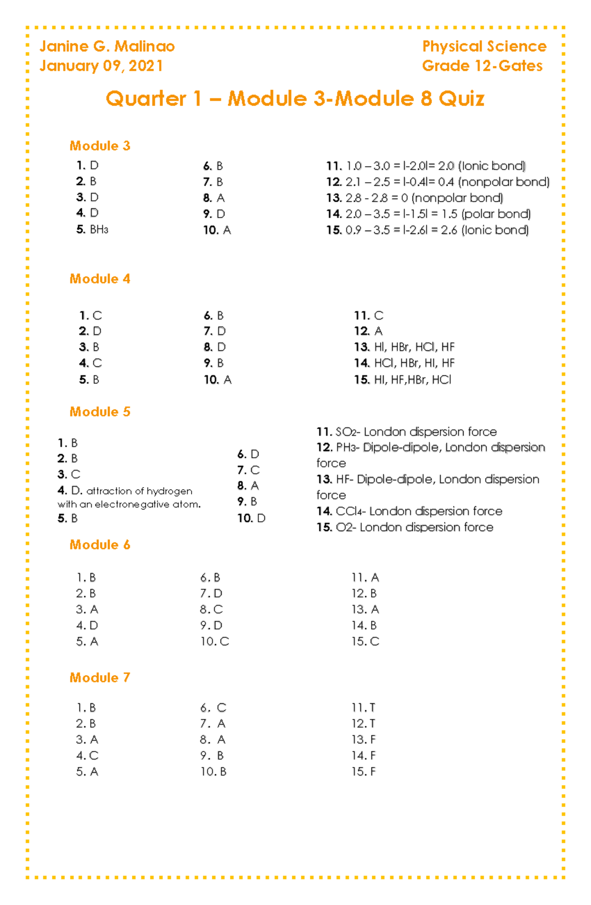 Physical Science M3 8 Quiz 1st Quarter - Quarter 1 – Module 3-Module 8 ...