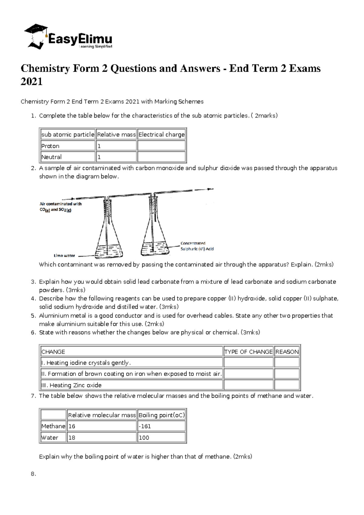 Hs Chemistry Form 2 Questions and Answers - End Term 2 Exams 2021-2512 ...
