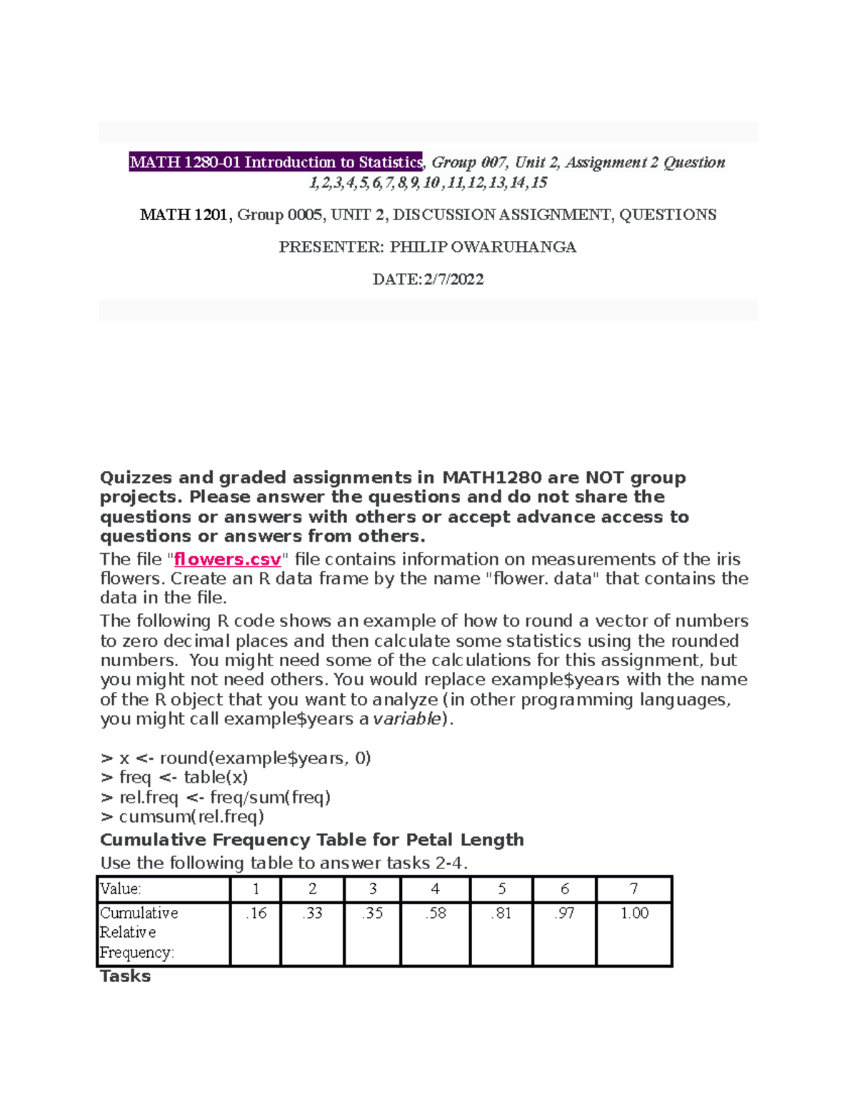 Assignment 2 Statistics - MATH 1280-01 Introduction To Statistics ...