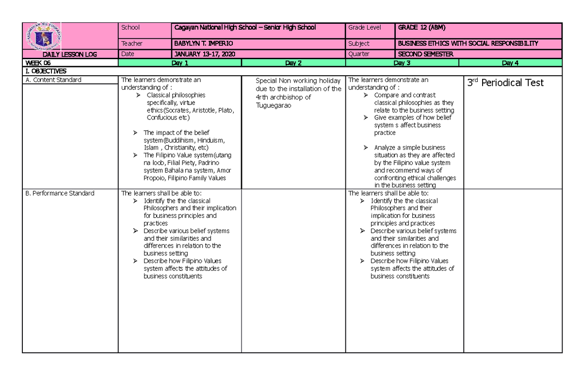 449330909 Dll Business Ethics January 13 14 2020 - Teacher BABYLYN T ...