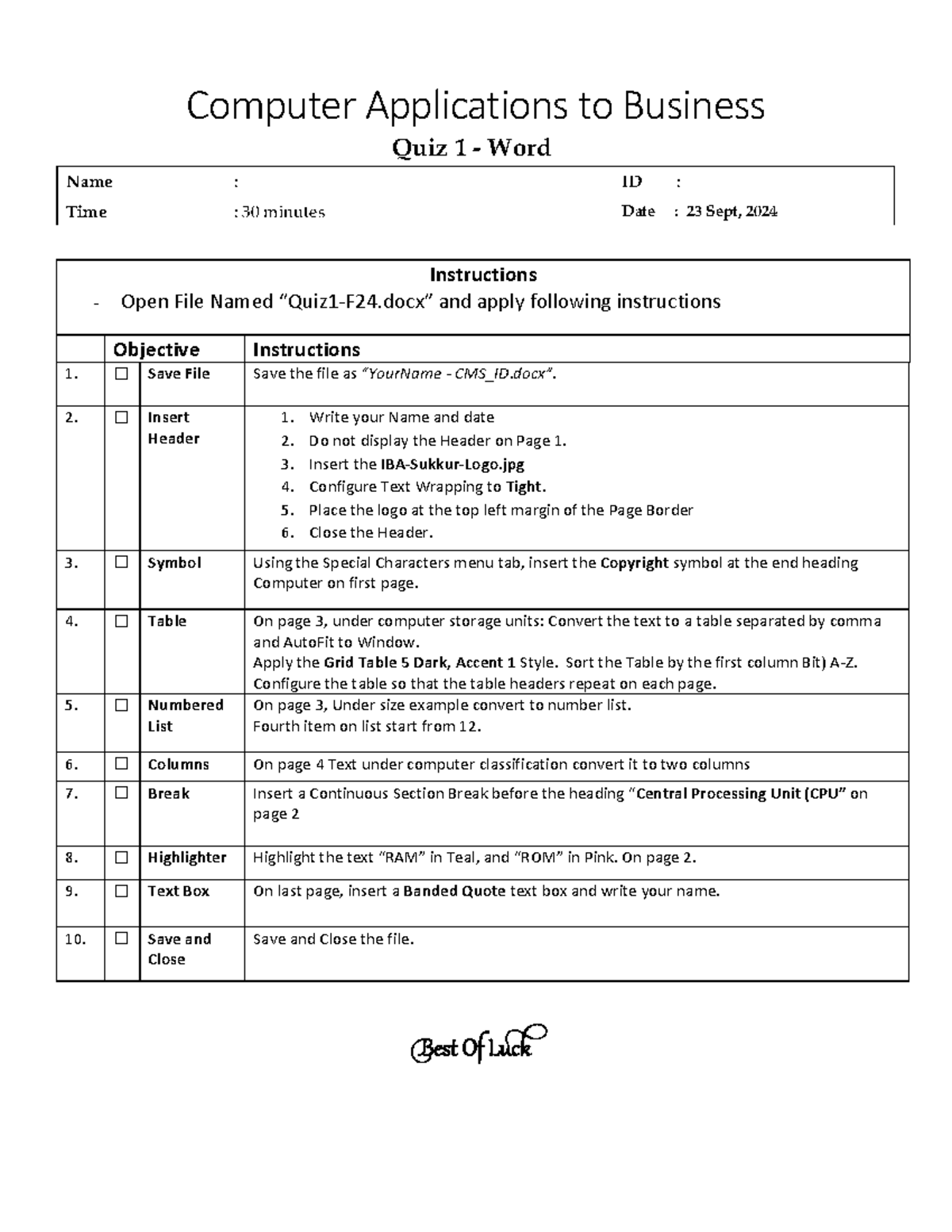 Quiz1-Word-Instructions - Computer Applications to Business Quiz 1 ...
