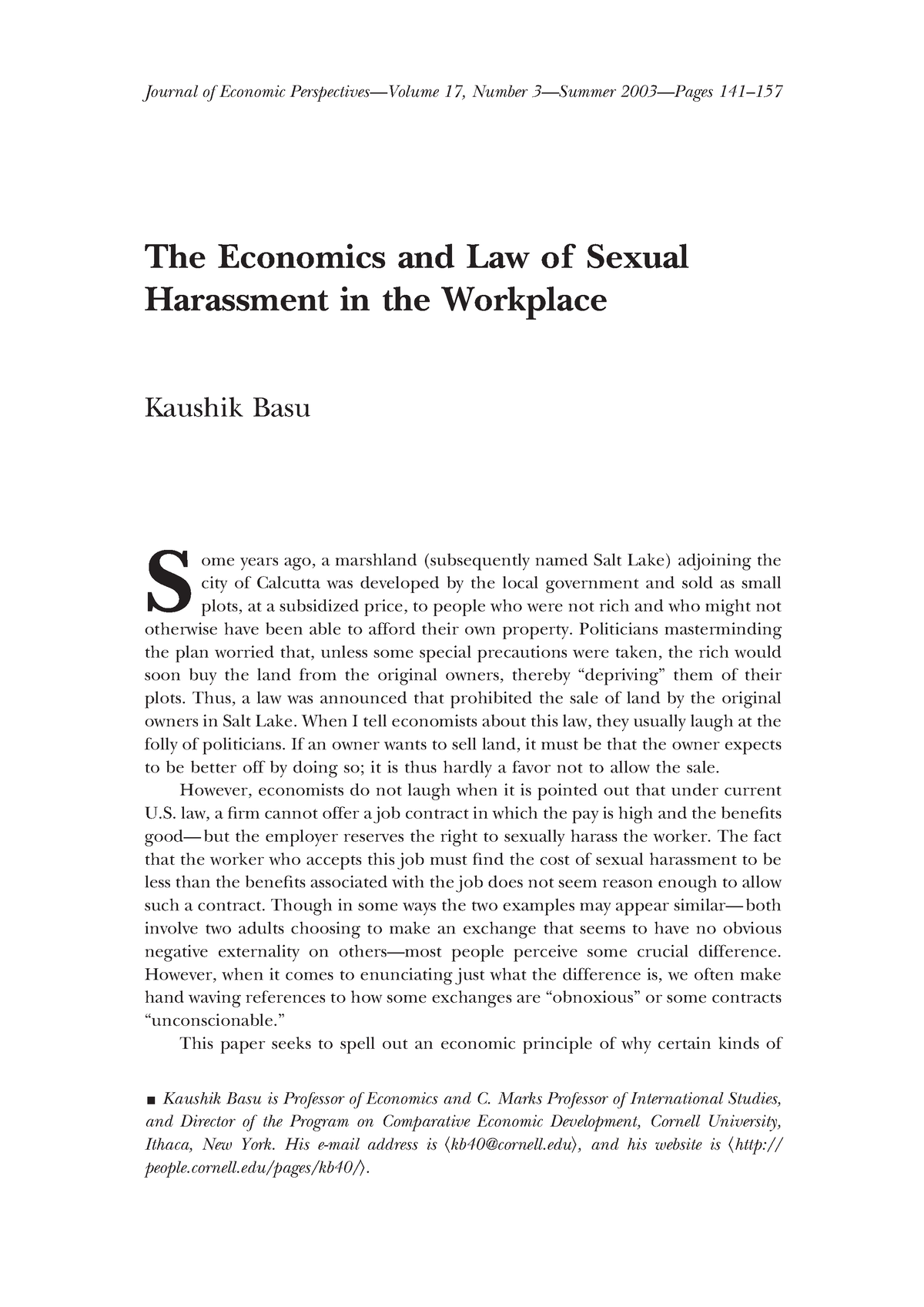 Research Paper In Sexual Harrassment The Economics And Law Of Sexual Harassment In The 4022