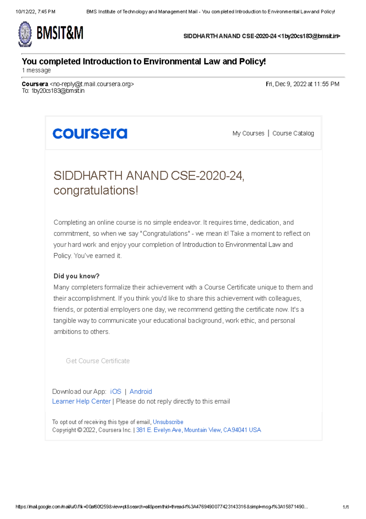 BMS Institute of Technology and Management Mail You completed