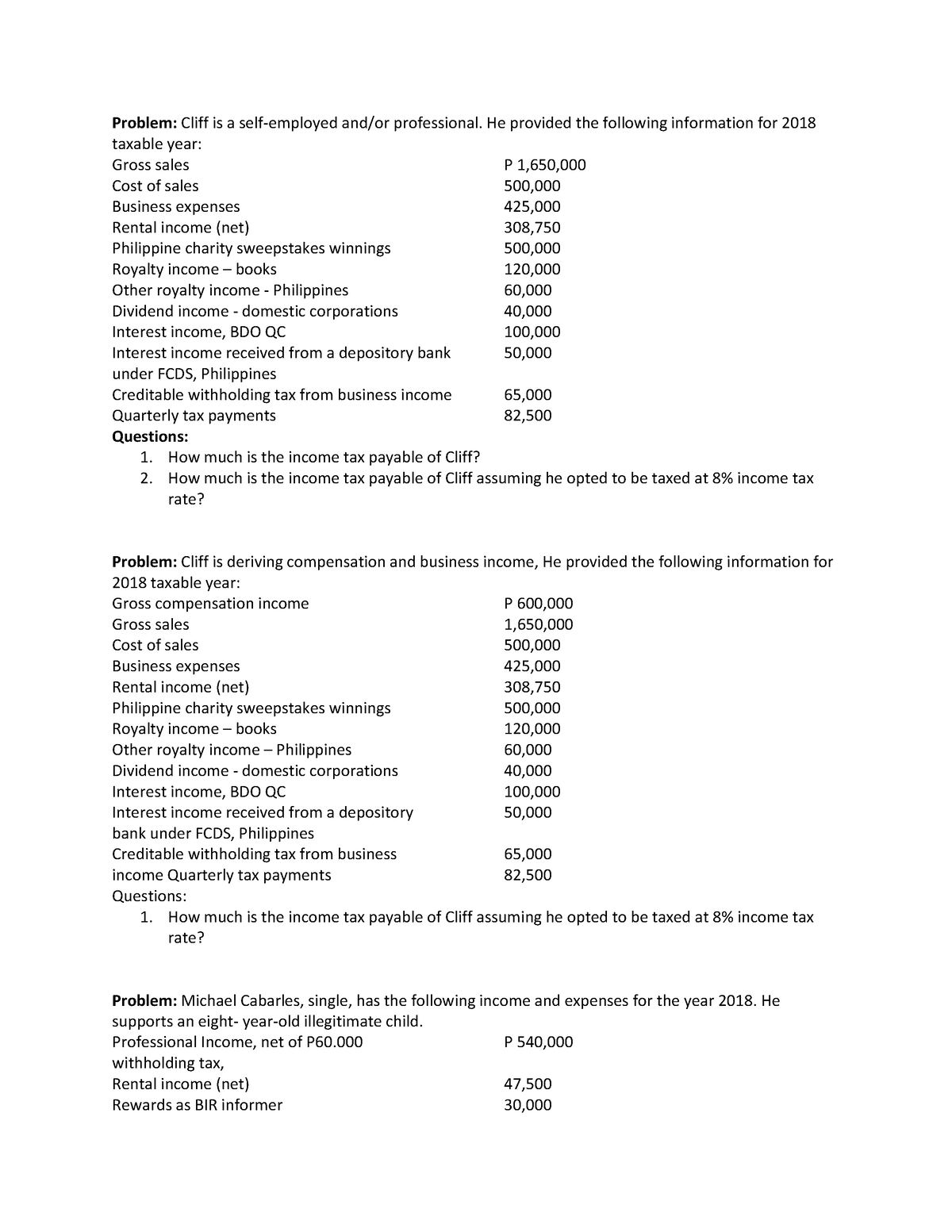 Final Income Taxation - FIT - Problem: Cliff is a self-employed and/or ...