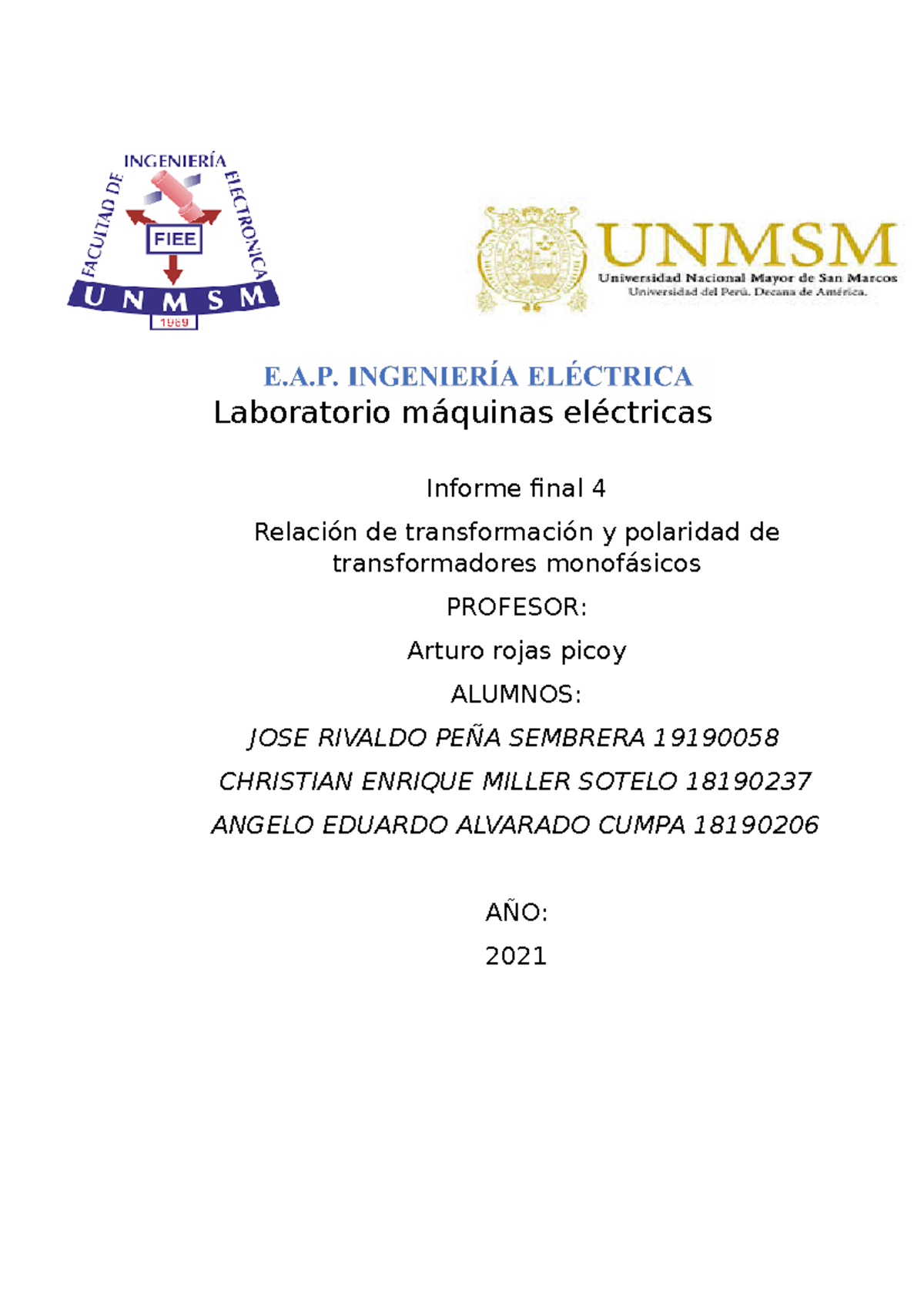 Informe 4 Nota 14 Laboratorio Máquinas Eléctricas Informe Final 4