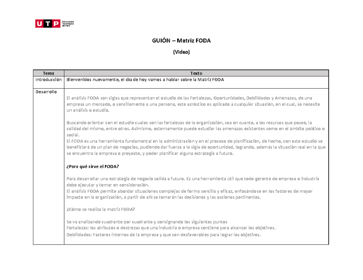 Semana 3 - Video Explicativo - Matriz FODA - GUIÓN – Matriz FODA (Video)  Tema Texto Introducción - Studocu