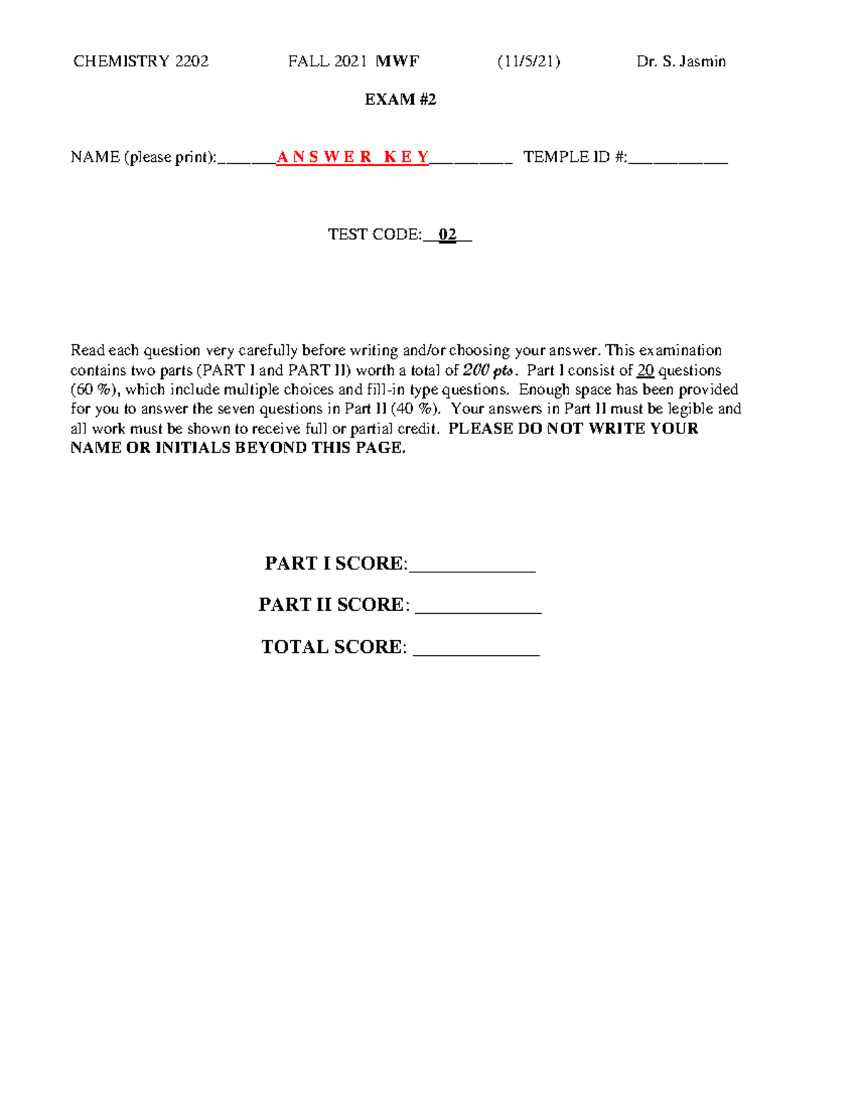 CHEM+2202 FALL+2021-MWF EXAM+%232 02- Answer+KEY - CHEMISTRY 2202 FALL ...