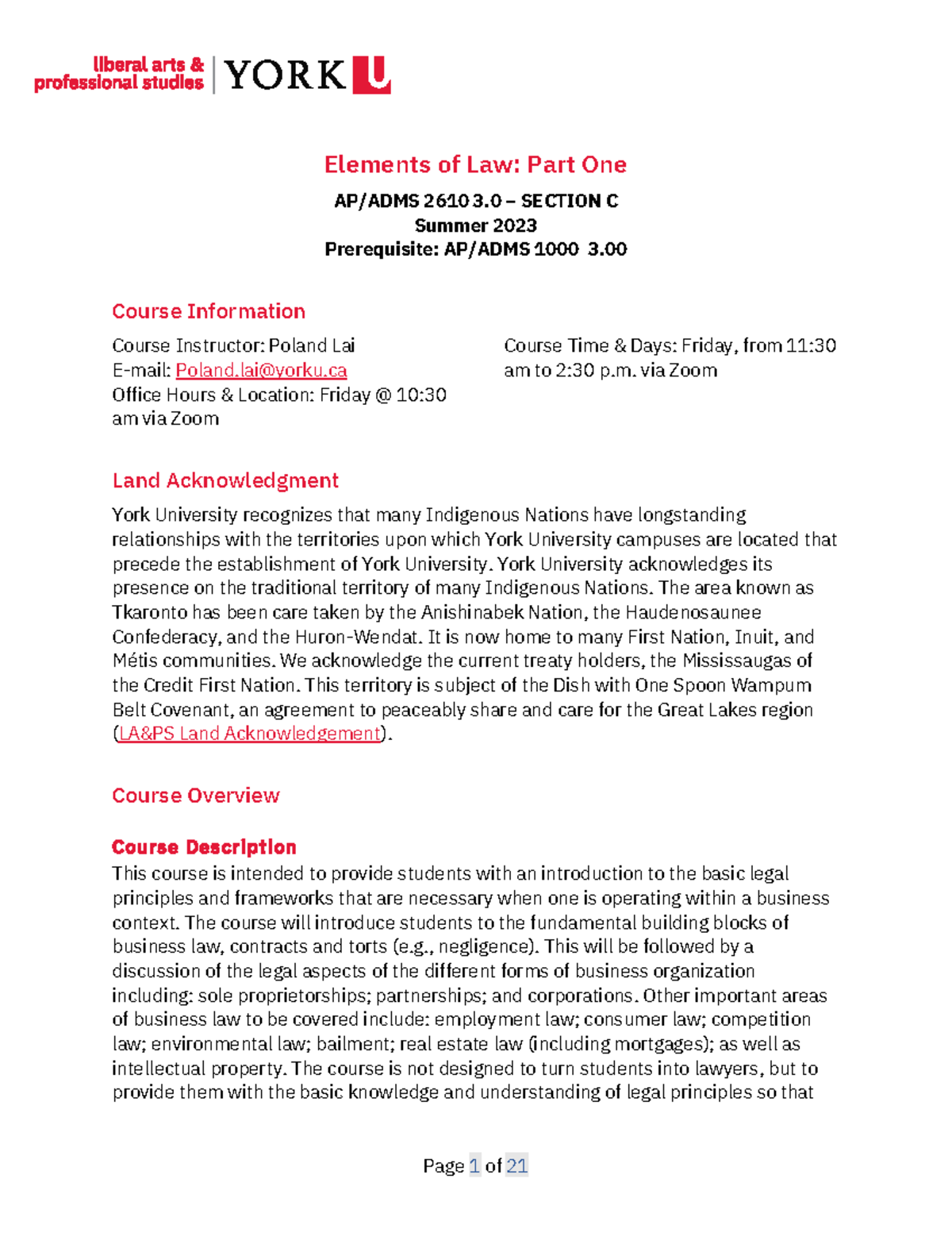 ADMS 2610 Summer 2023 Course Outline Sec C - Elements Of Law: Part One ...