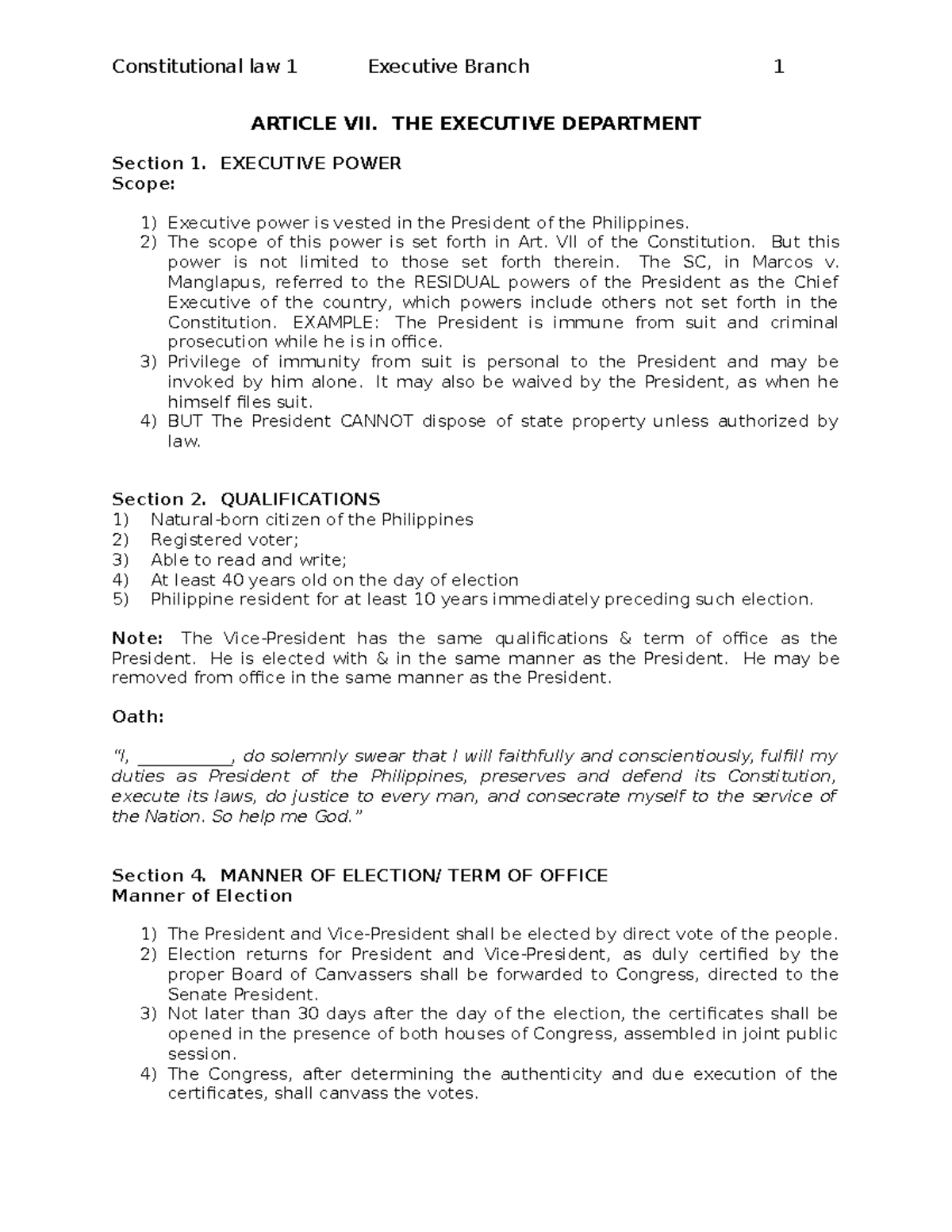 Scribd - law101 - ARTICLE VII. THE EXECUTIVE DEPARTMENT Section 1 ...