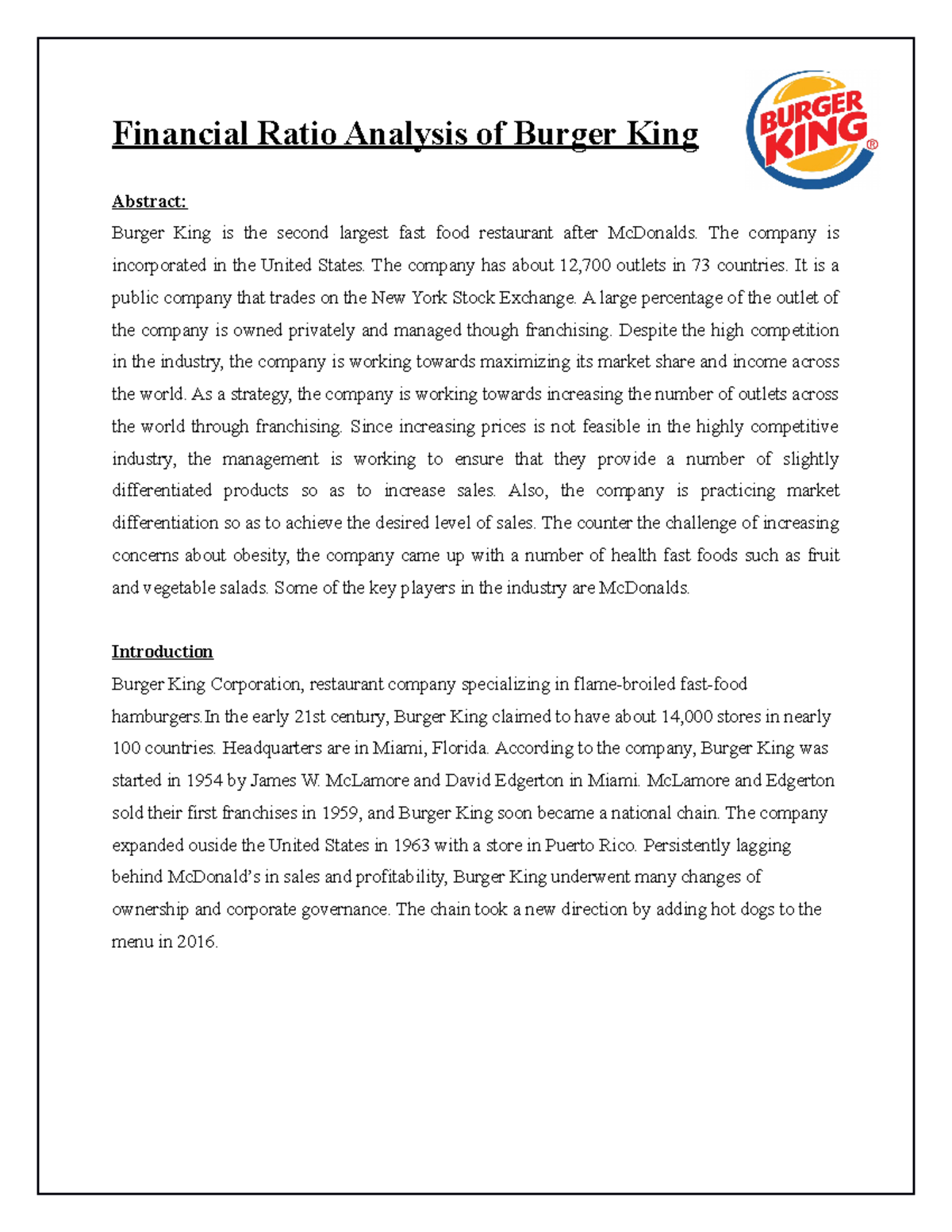 Burger King business benefits Financial Ratio Analysis of Burger