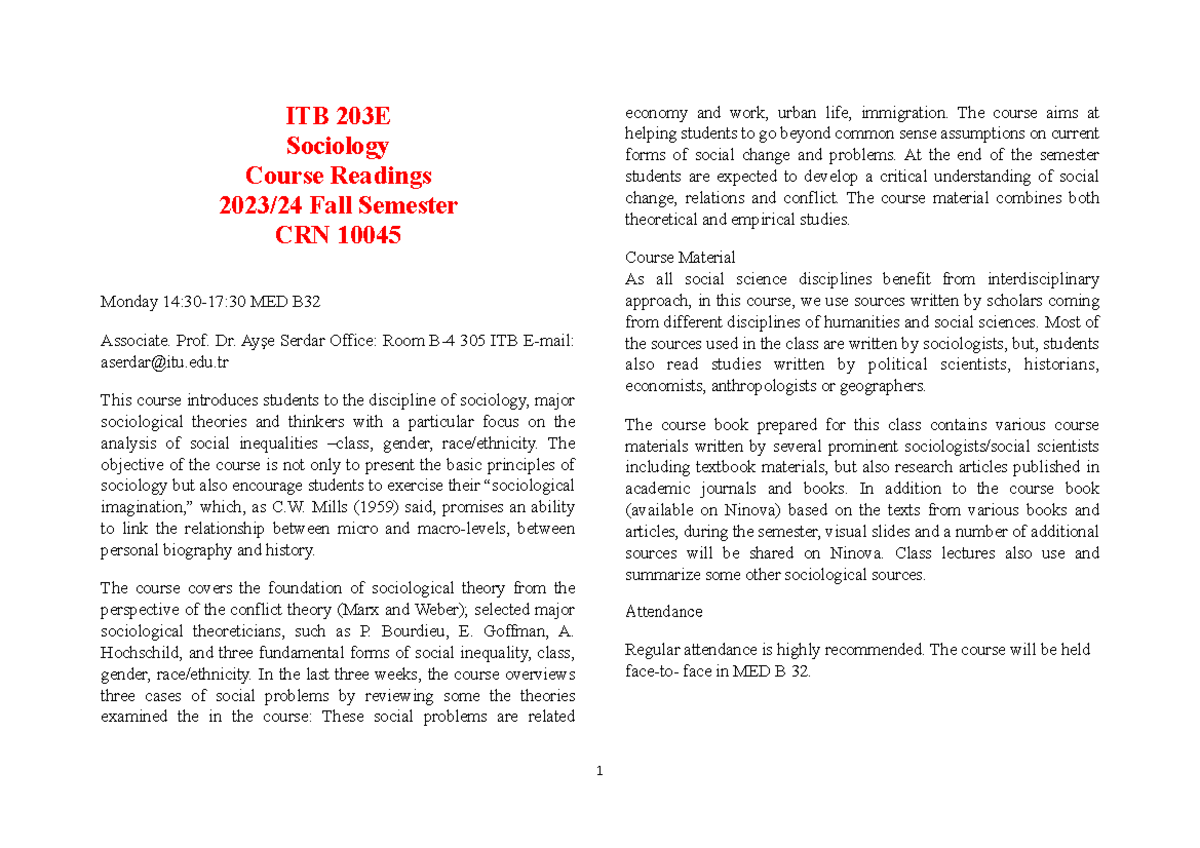 FALL2023 - ITB 203E Sociology Course Readings 2023/24 Fall Semester CRN ...