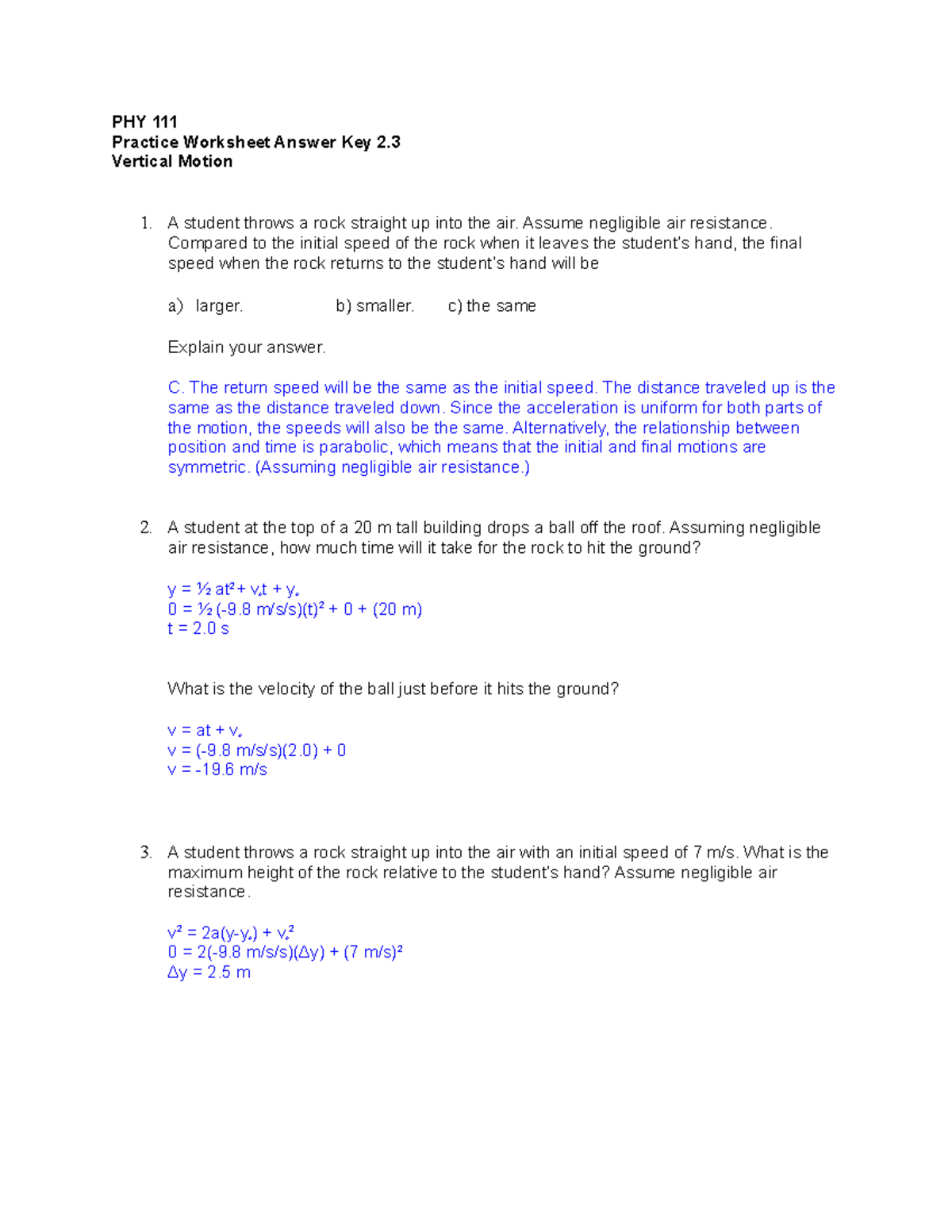 Answer key 2 - Asnwer key for Practice assessment 2.3 - PHY 111 ...