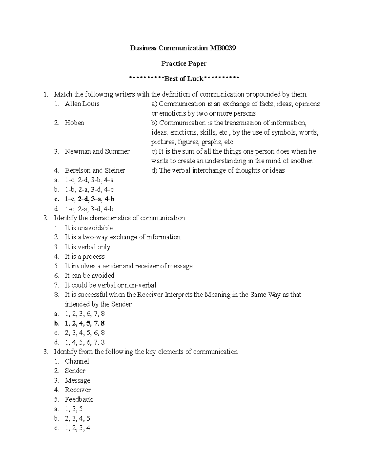 Latest Business Communication MB0039 Practice Paper - Business ...