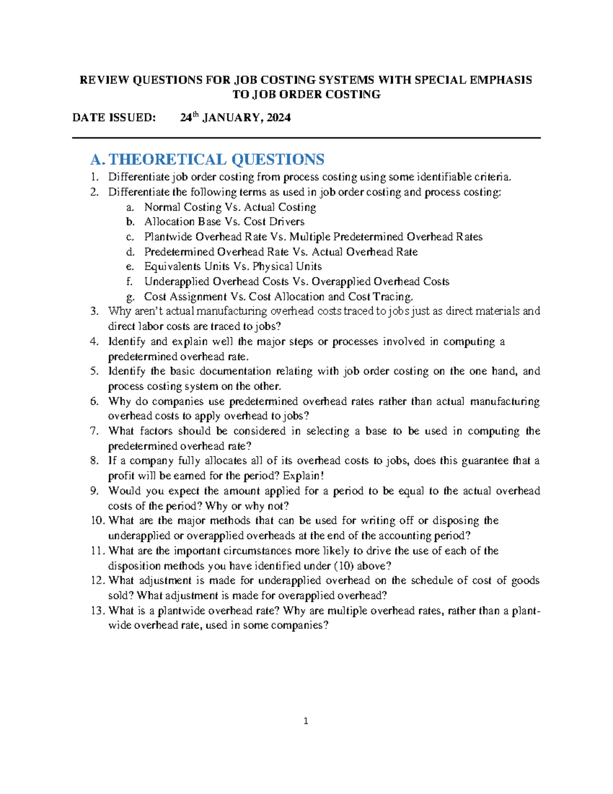 AC200 JOB- Order Costing Review Questions 2024 - REVIEW QUESTIONS FOR ...