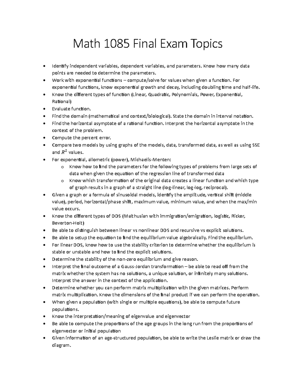 Final exam topics study guide math 1085 final exam topics identify