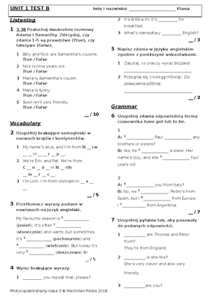 Brainy Kl5 Unit Test 1 B - Sprawdzian Dla Klasy 5 - UNIT 1 Test B Imię ...