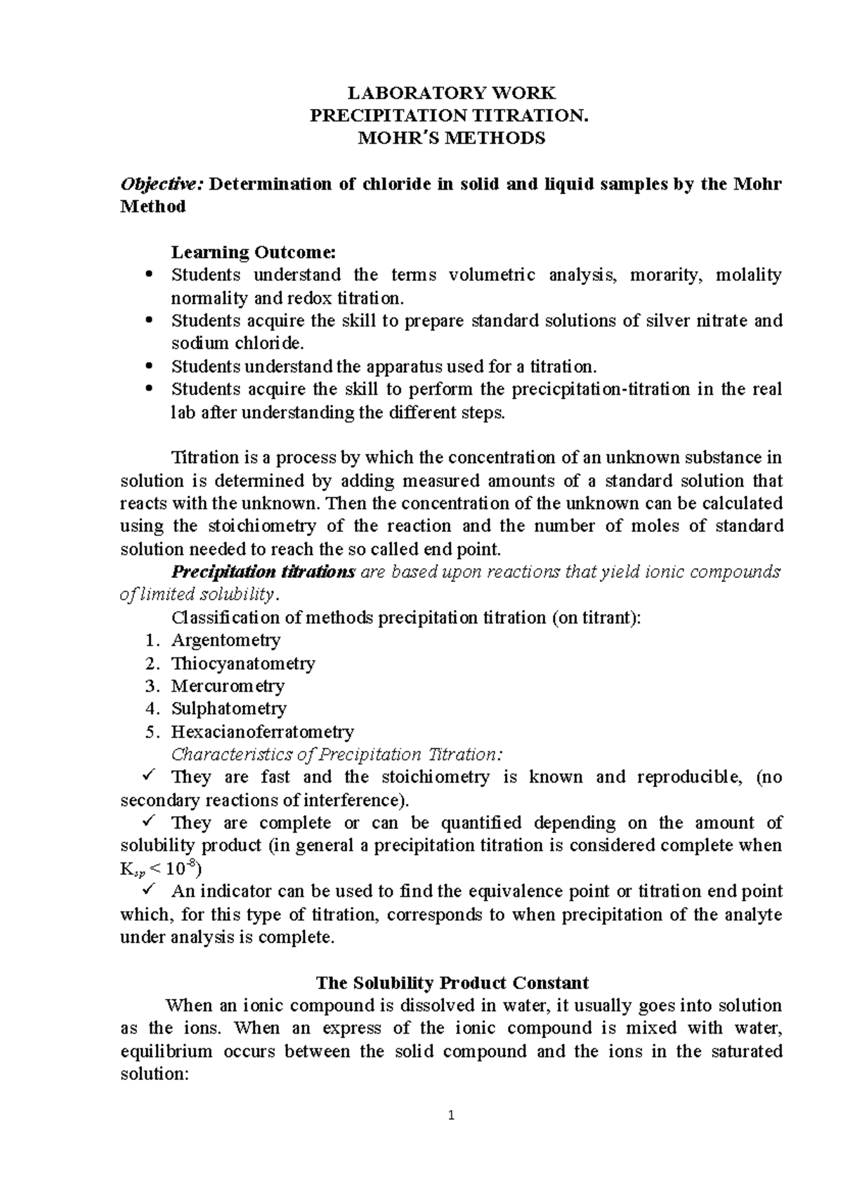 Laboratory WORK Precipitation Titration LABORATORY WORK PRECIPITATION