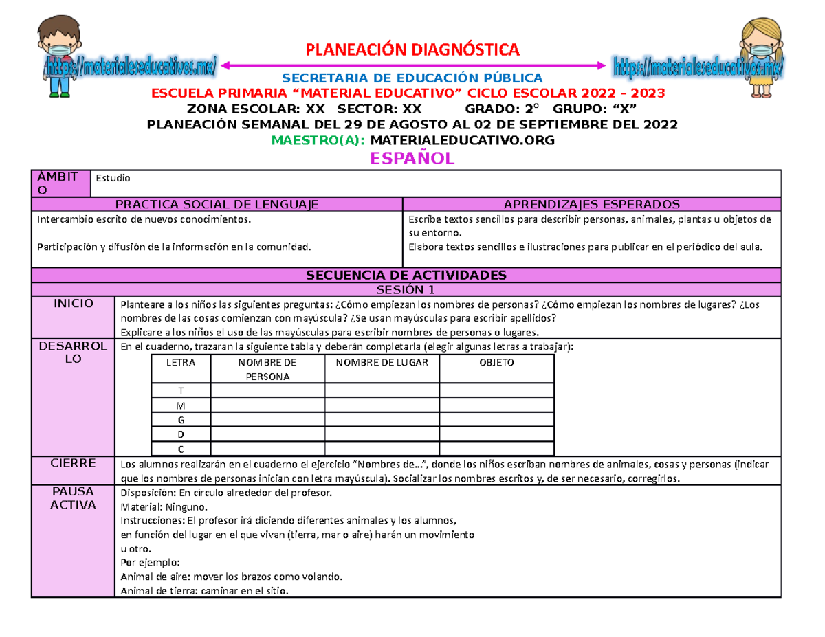 Planeacion 2do Grado Semana 01 - PLANEACIÓN DIAGNÓSTICA SECRETARIA DE