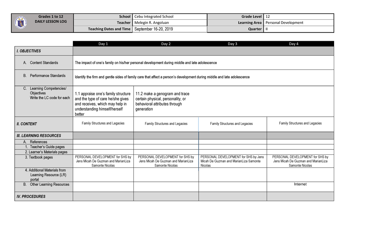 Dlp-q2-week-2-per-dev compress - Grades 1 to 12 DAILY LESSON LOG School ...