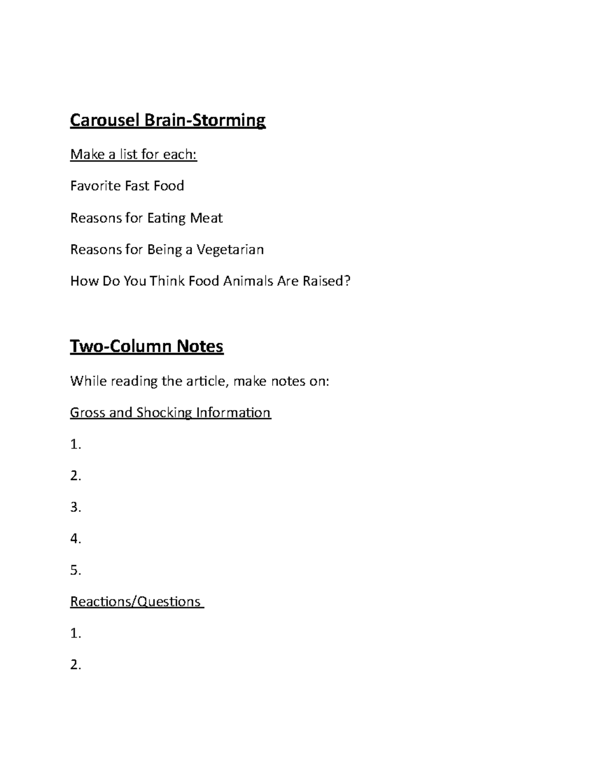 Week 3 Reading and Writing Strategy Carousel BrainStorming Make a list for each Favorite