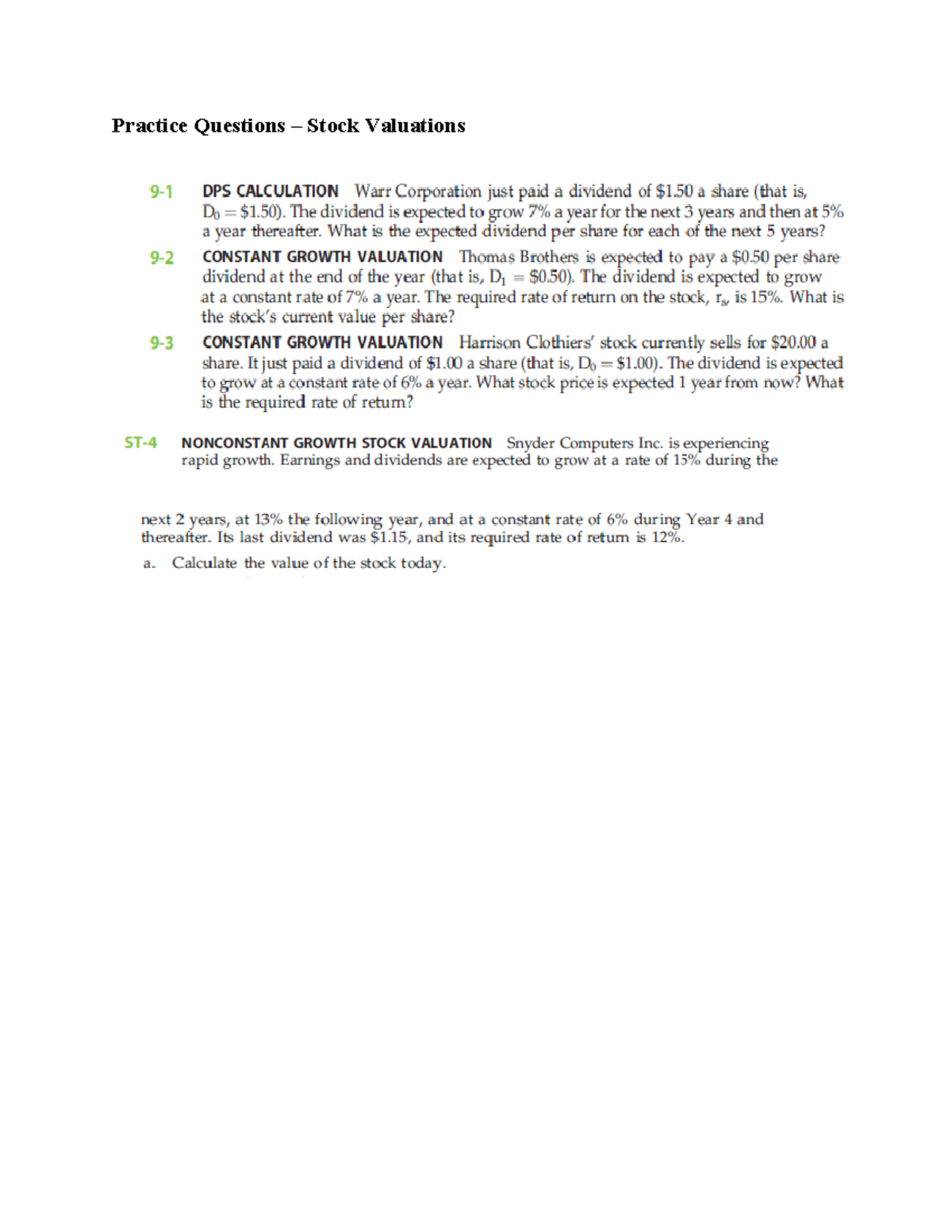 Practice Questions - Stock Valuations - What is the expected dividend ...