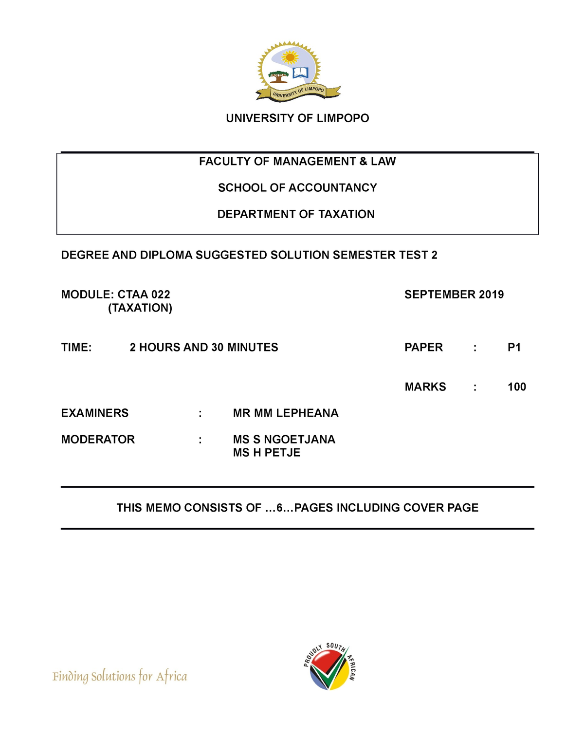 CTAA 022 Test 2 - Memo 2019 - UNIVERSITY OF LIMPOPO FACULTY OF ...