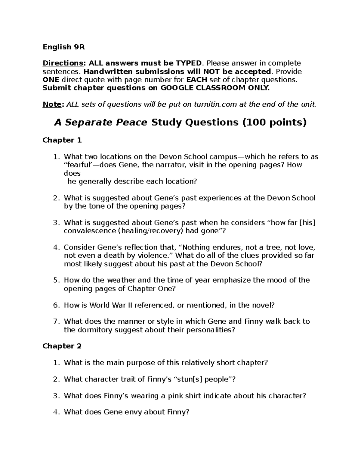 Separate Peace Chapter Study Questions - English 9R Directions: ALL ...