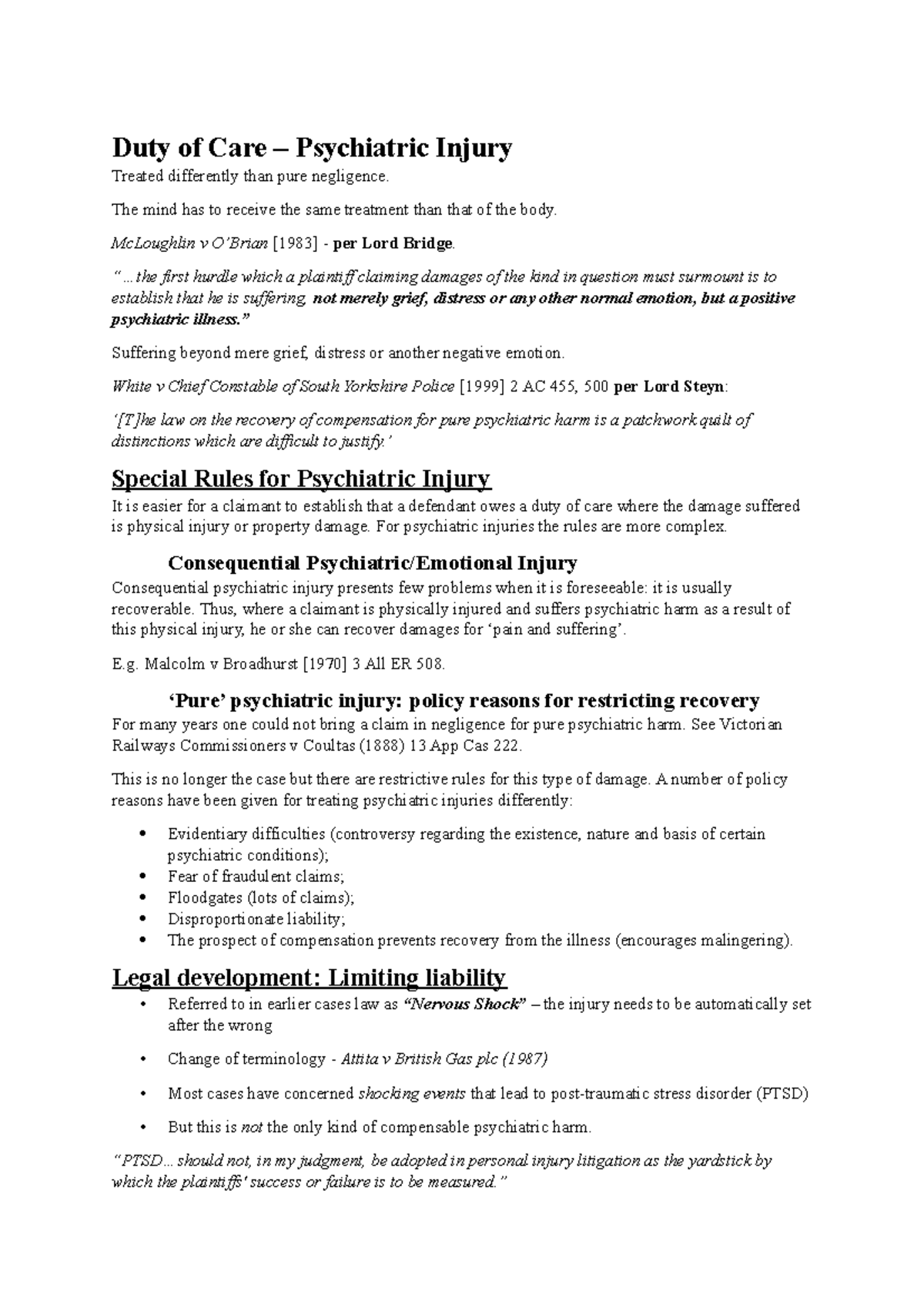 Psychiatric Injury TORT Duty of Care Psychiatric Injury Treated