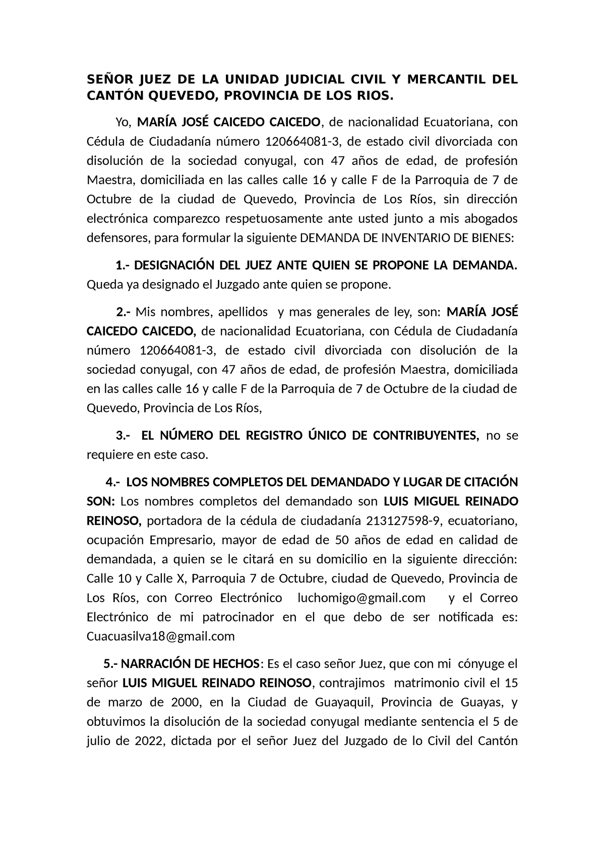 Solicitud Demanda De Inventario Por Josue Silva Mora SeÑor Juez De La Unidad Judicial Civil 4588