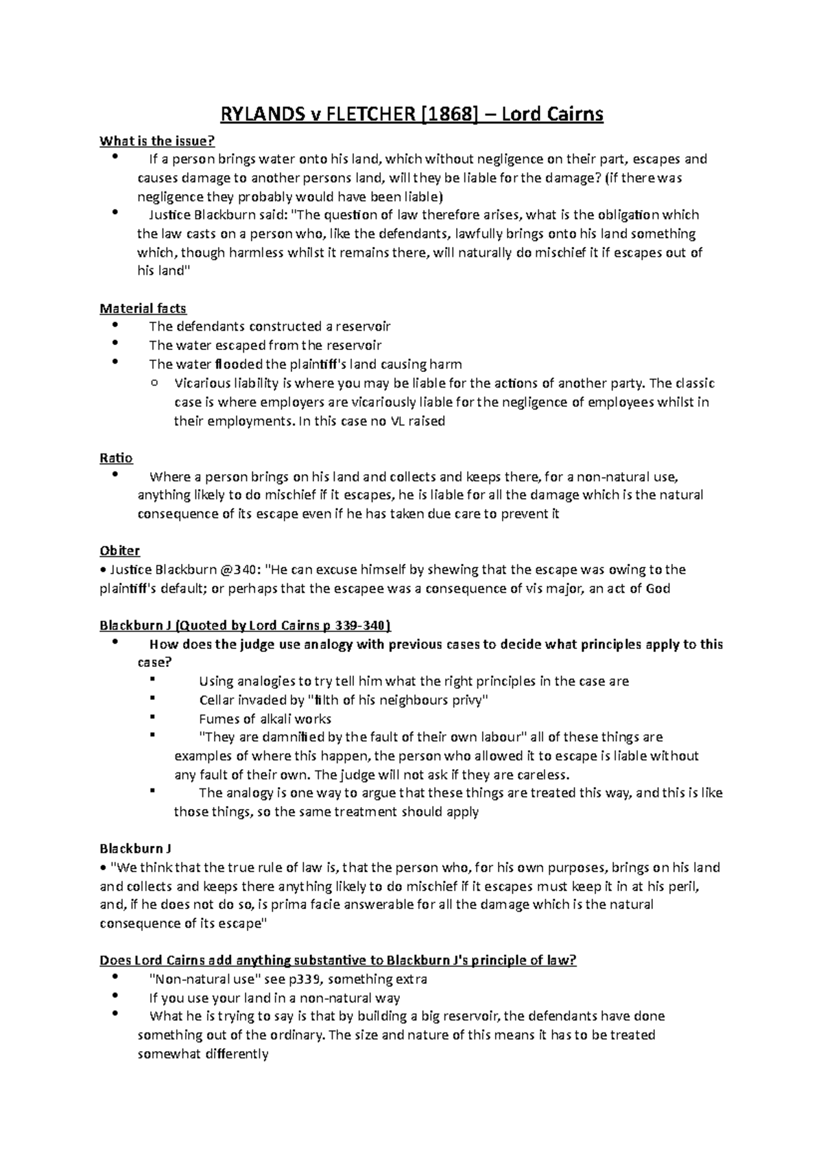 Rylands v Fletcher Case summary RYLANDS v FLETCHER [1868] Lord