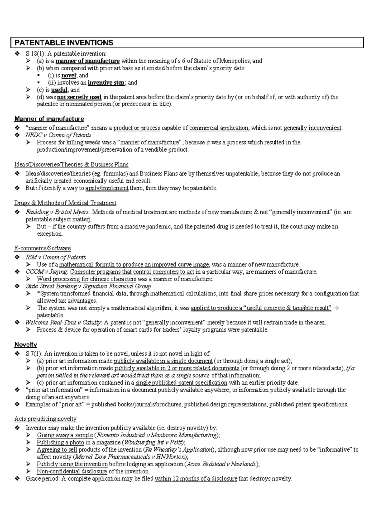 IP Law - School of Law - PATENTABLE INVENTIONS v S 18(1): A patentable ...