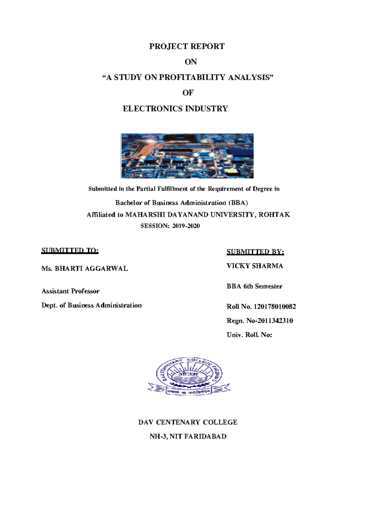 ELECTRONIC INDUSTRIOL - PROJECT REPORT ON “A STUDY ON PROFITABILITY