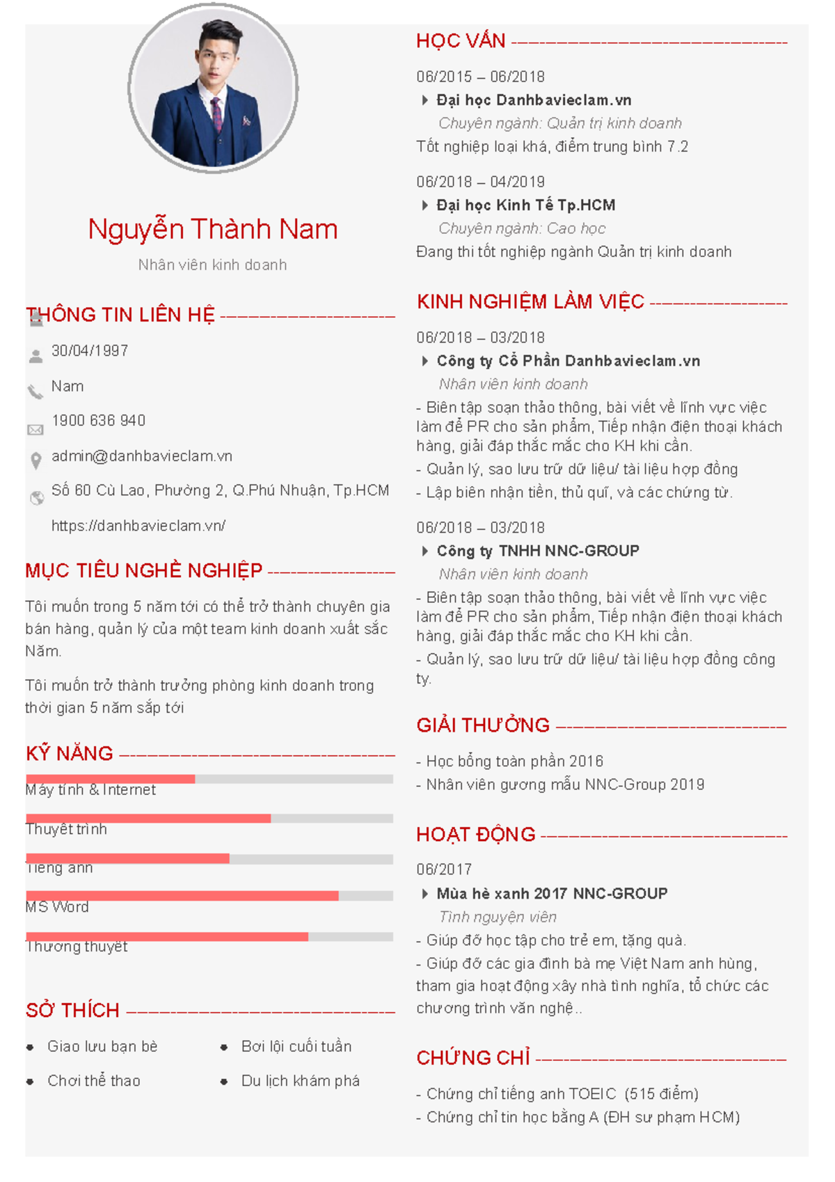 07 red CV dep danhbavieclam - Nguyễn Thành Nam Nhân viên kinh doanh ...