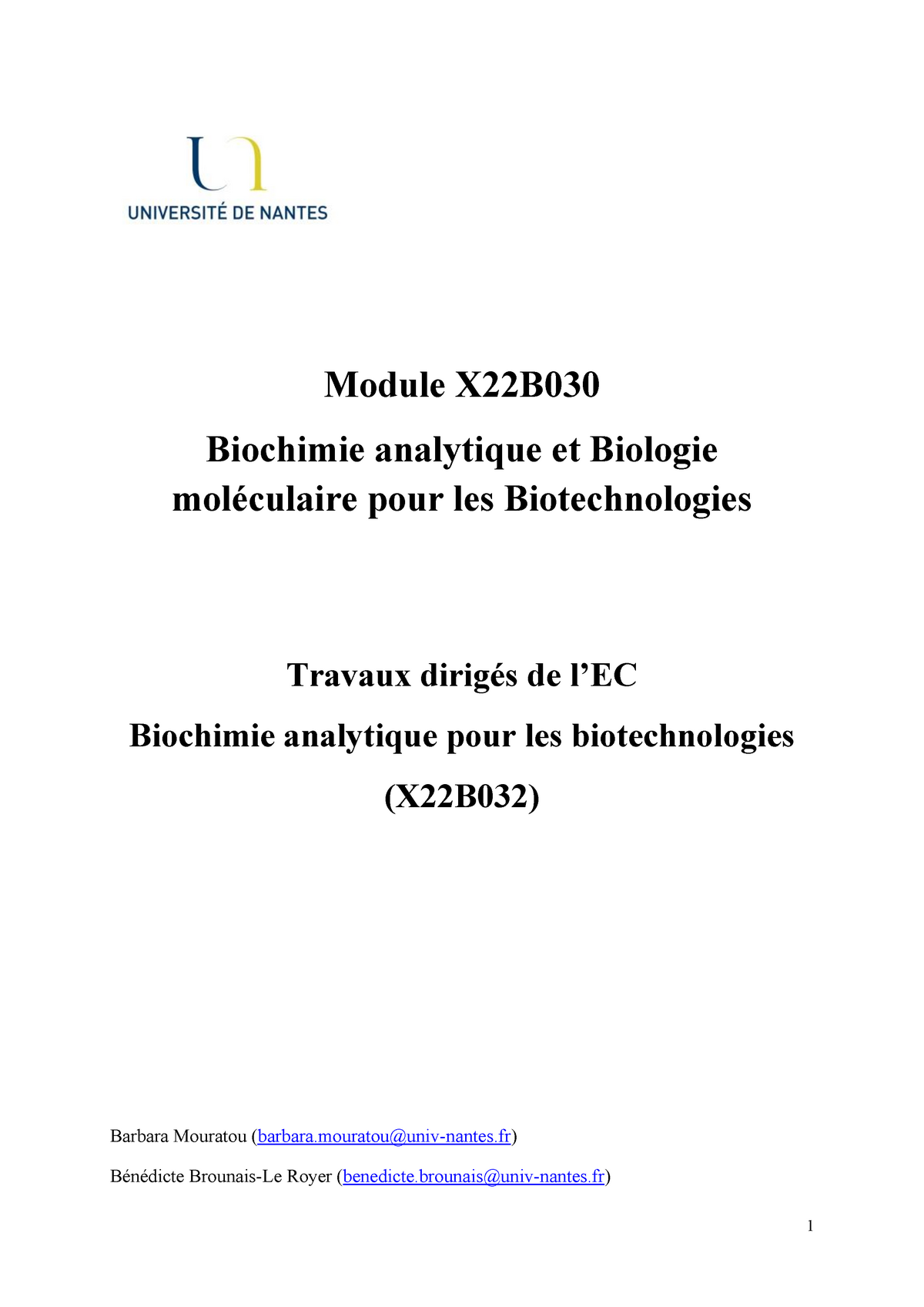 TD Biochimie Analytique 2020 - Module X22B Biochimie Analytique Et ...