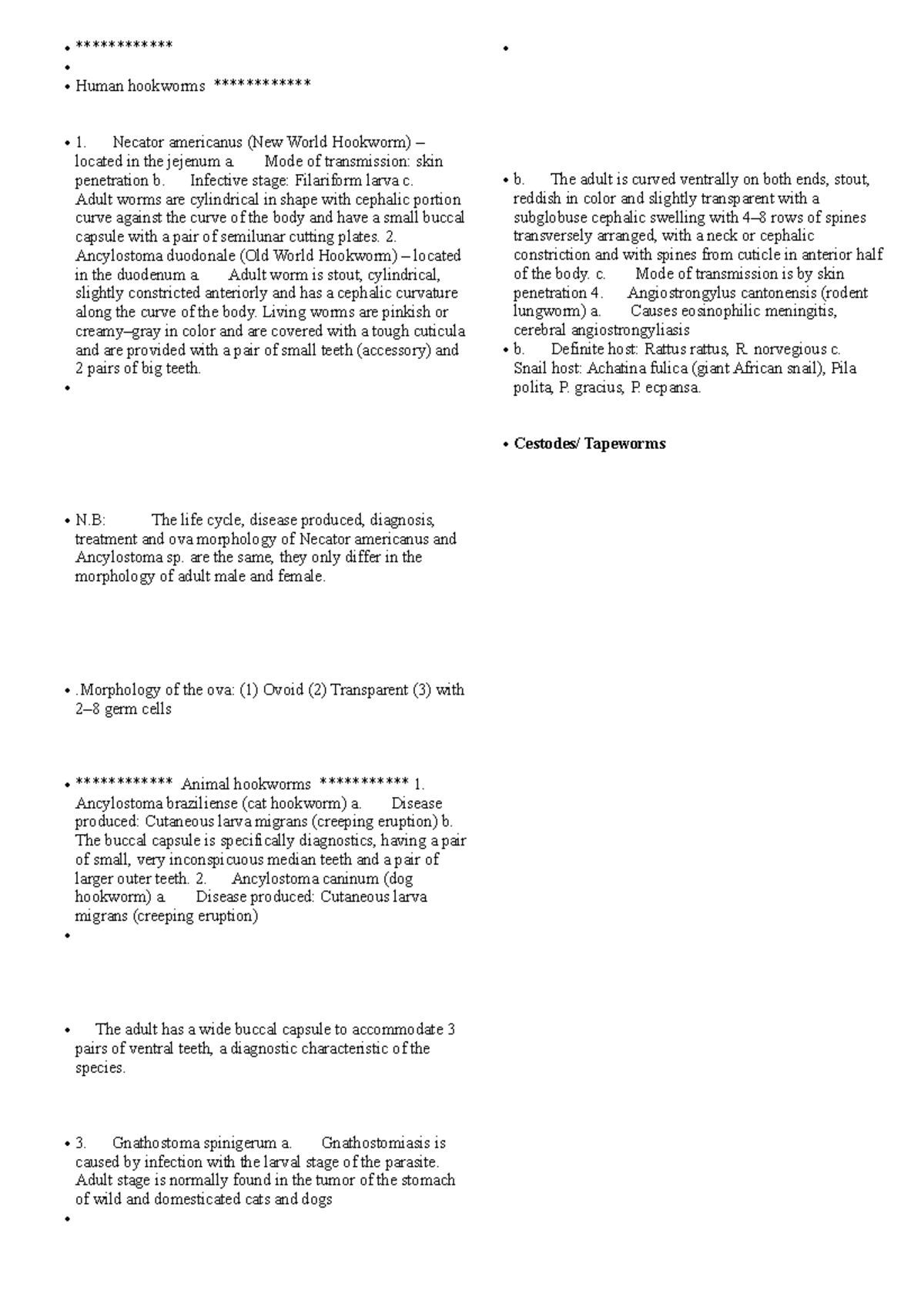 Parasitology 2 - • ************ • Human hookworms ************ Necator ...