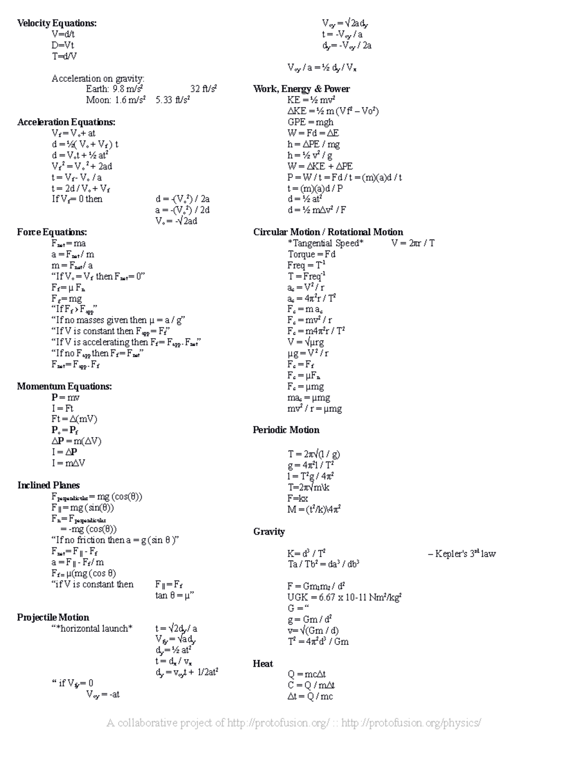 Condensed Equations-6 - Velocity Equations: V=d/t D=Vt T=d/V ...