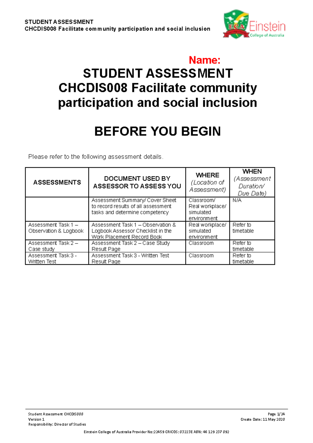 Chcdis 008 Student Assessment. - CHCDIS008 Facilitate Community ...